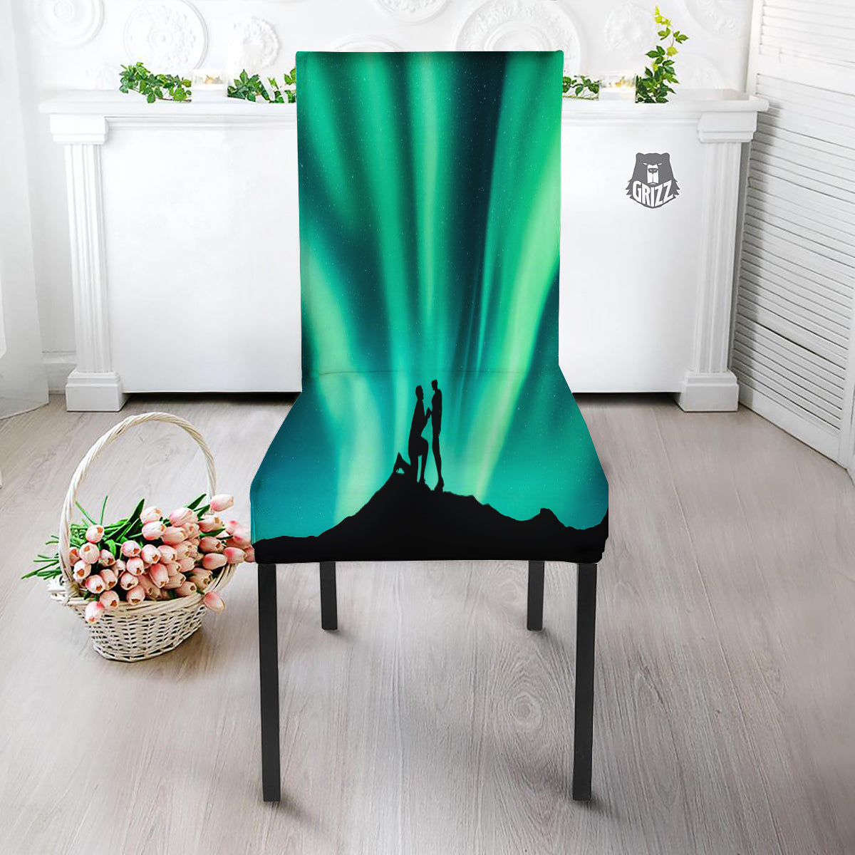 Man Making Marriage With Northern Lights Print Dining Chair Slipcover-grizzshop