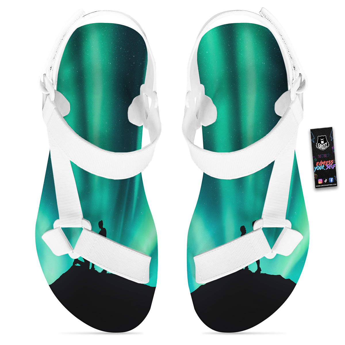 Man Making Marriage With Northern Lights Print White Open Toe Sandals-grizzshop