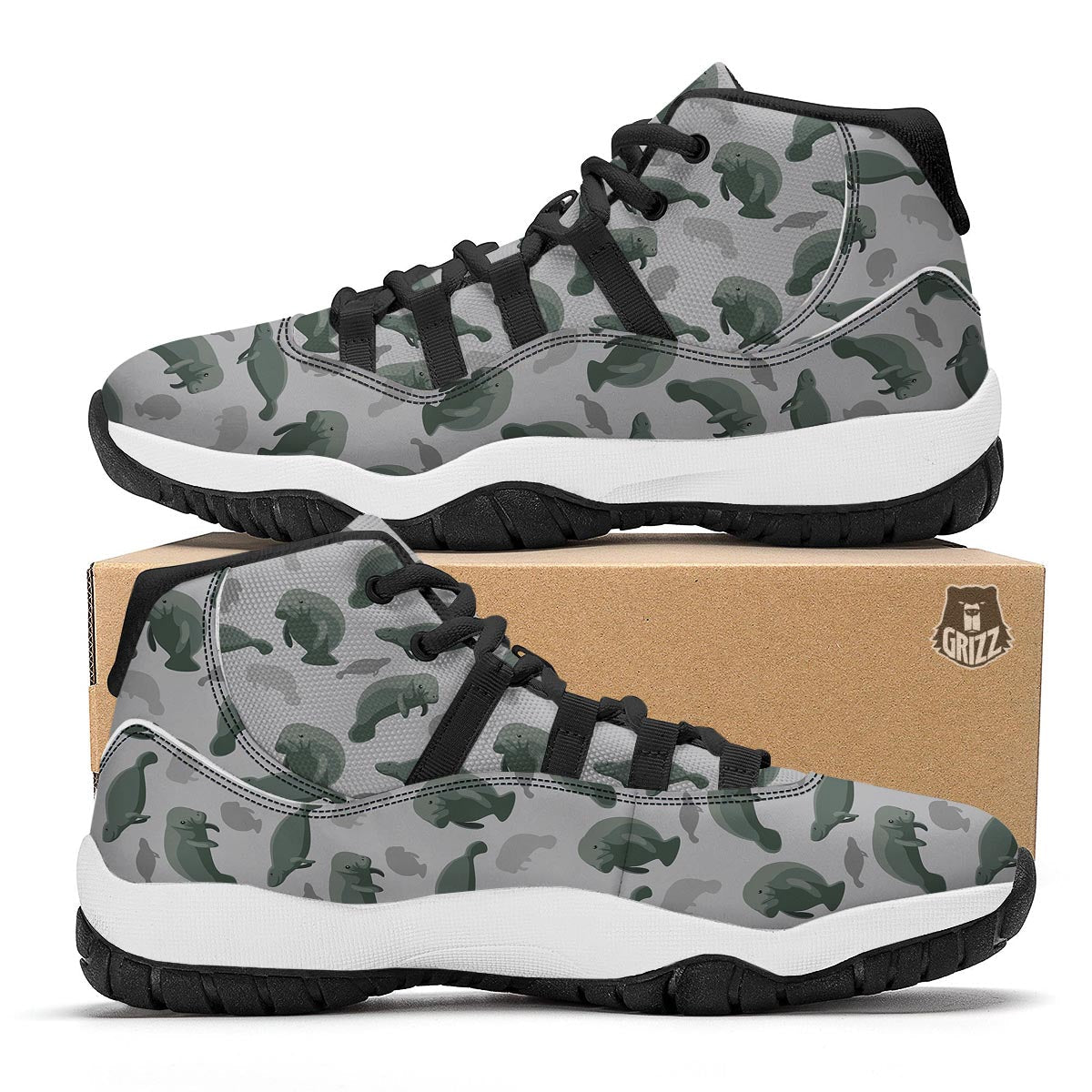 Manatee Print Pattern Black Bball Shoes-grizzshop