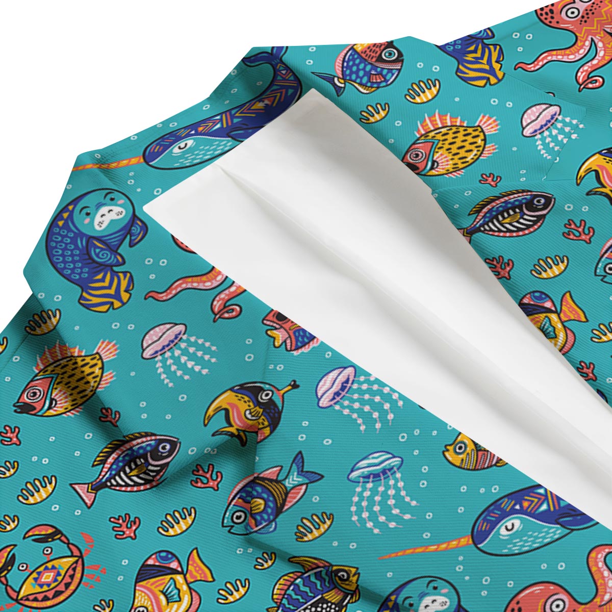 Manatee Whale Fish Octopus Pattern Print Men's Blazer-grizzshop