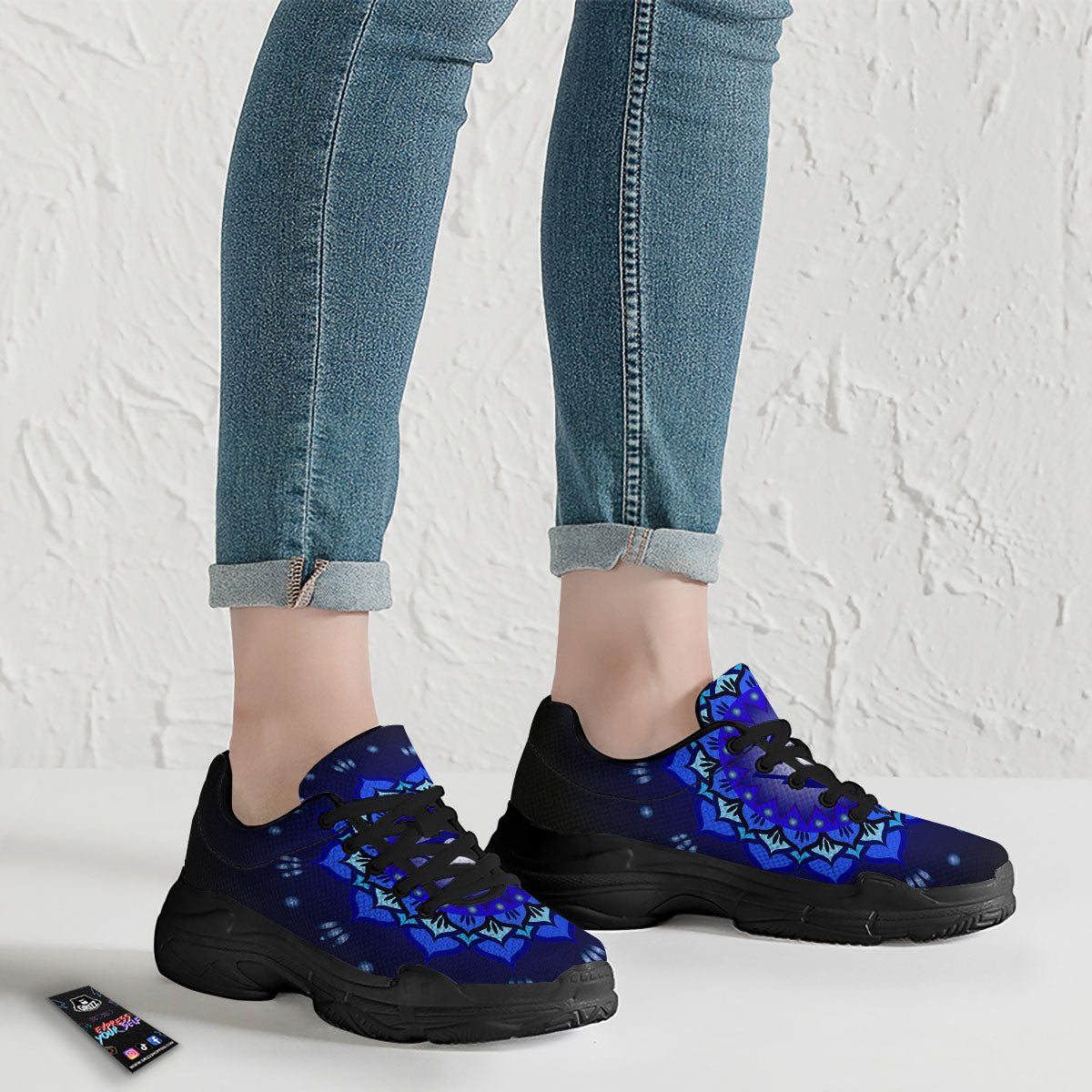 Mandala Ajna Chakra Print Black Chunky Shoes-grizzshop