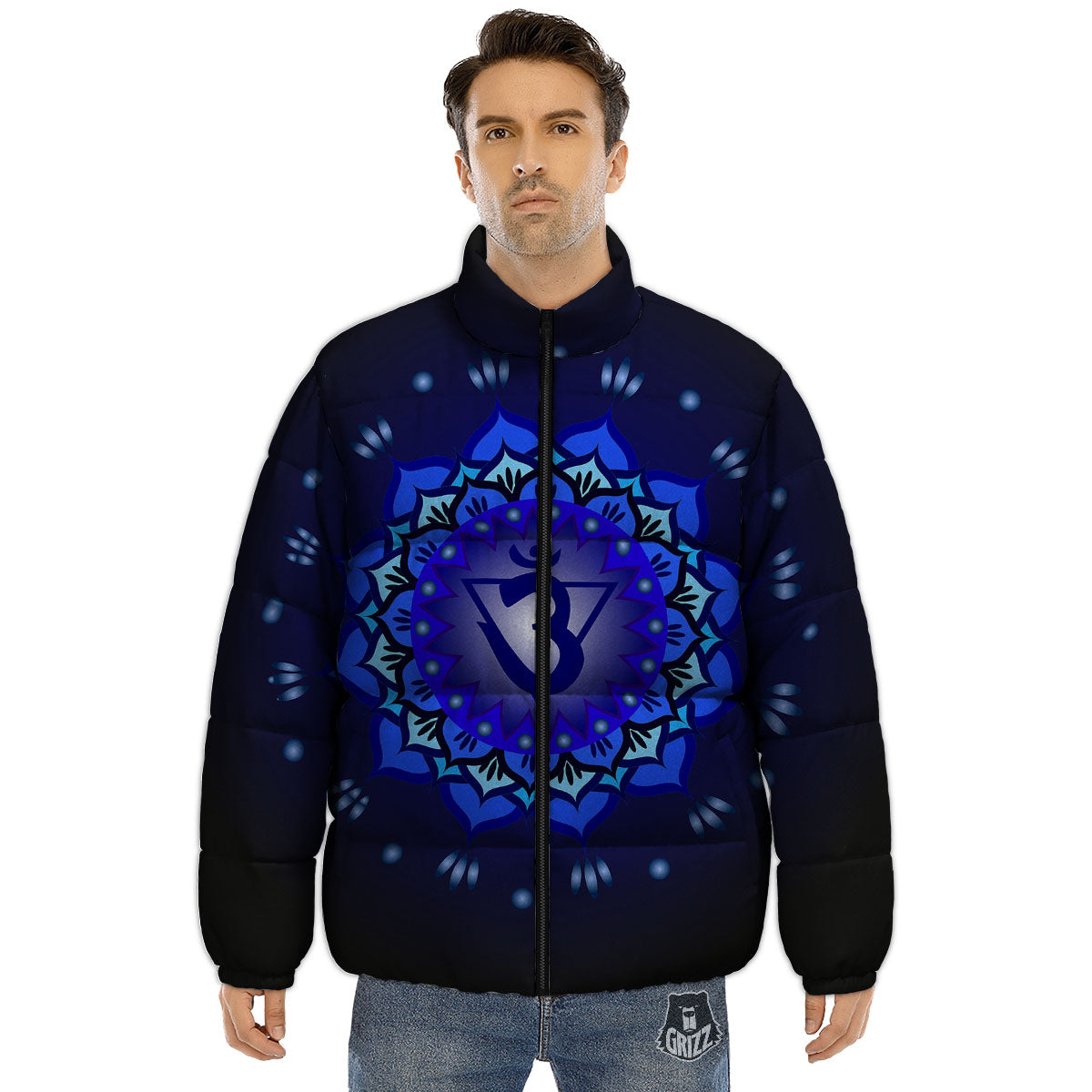 Mandala Ajna Chakra Print Puffer Jacket-grizzshop