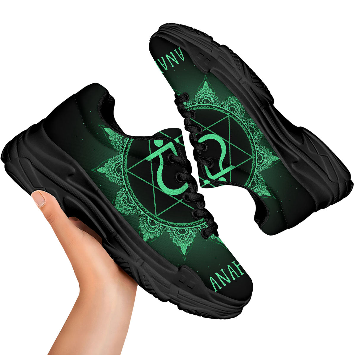 Mandala Anahata Chakra Print Black Chunky Shoes-grizzshop
