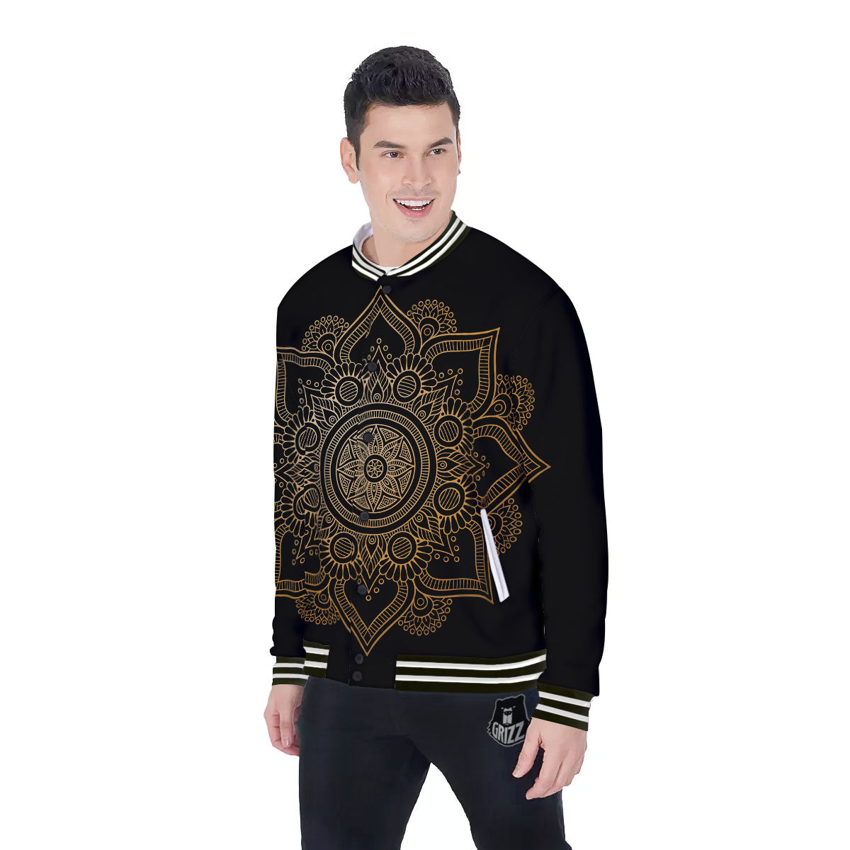 Mandala Black And Gold Print Baseball Jacket-grizzshop
