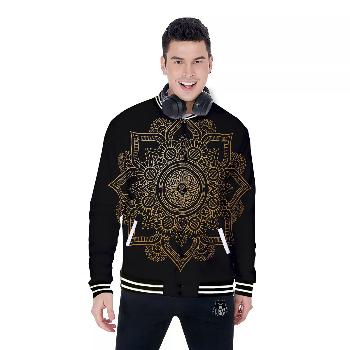 Mandala Black And Gold Print Baseball Jacket-grizzshop