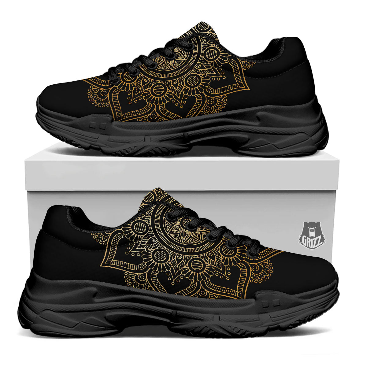 Mandala Black And Gold Print Black Chunky Shoes-grizzshop