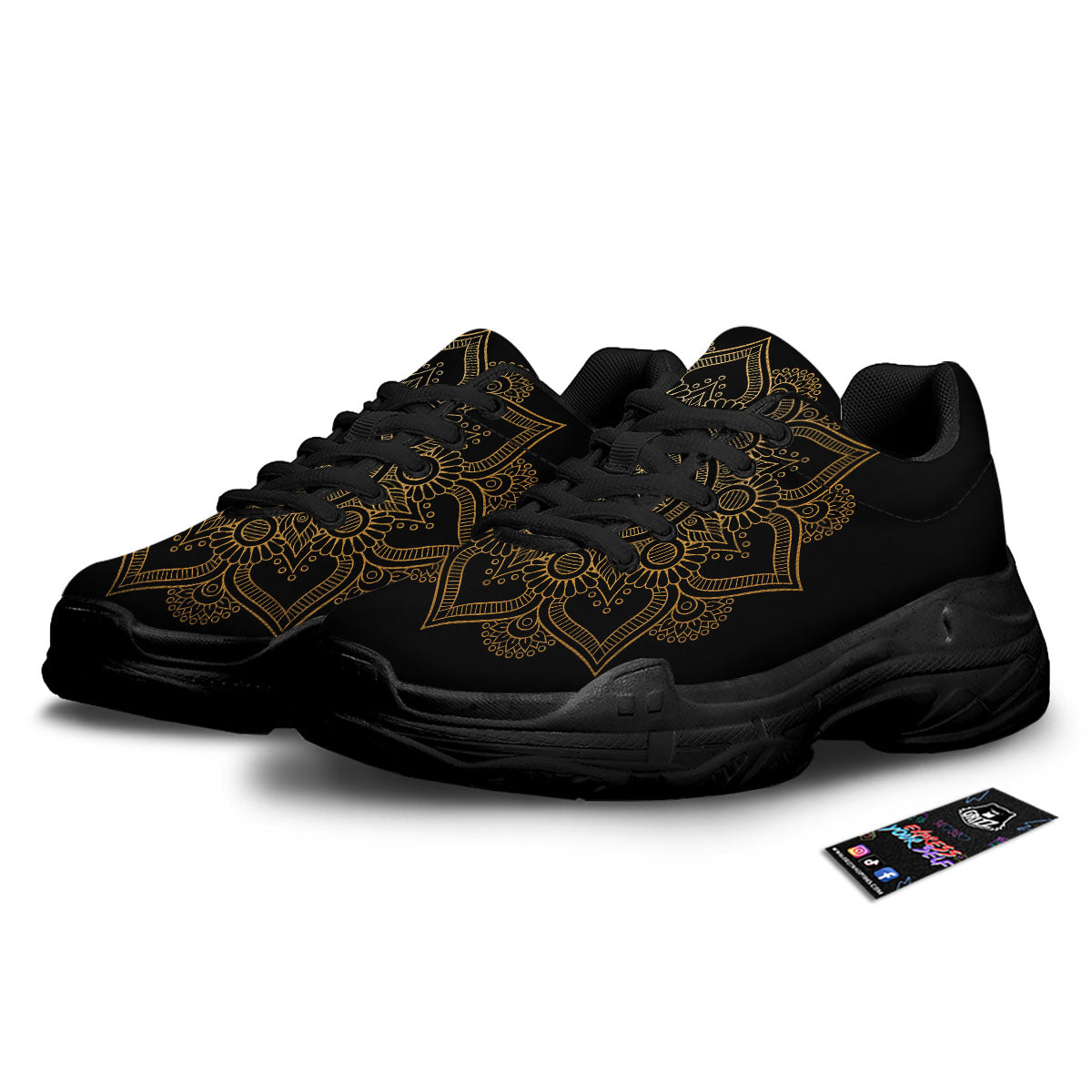 Mandala Black And Gold Print Black Chunky Shoes-grizzshop