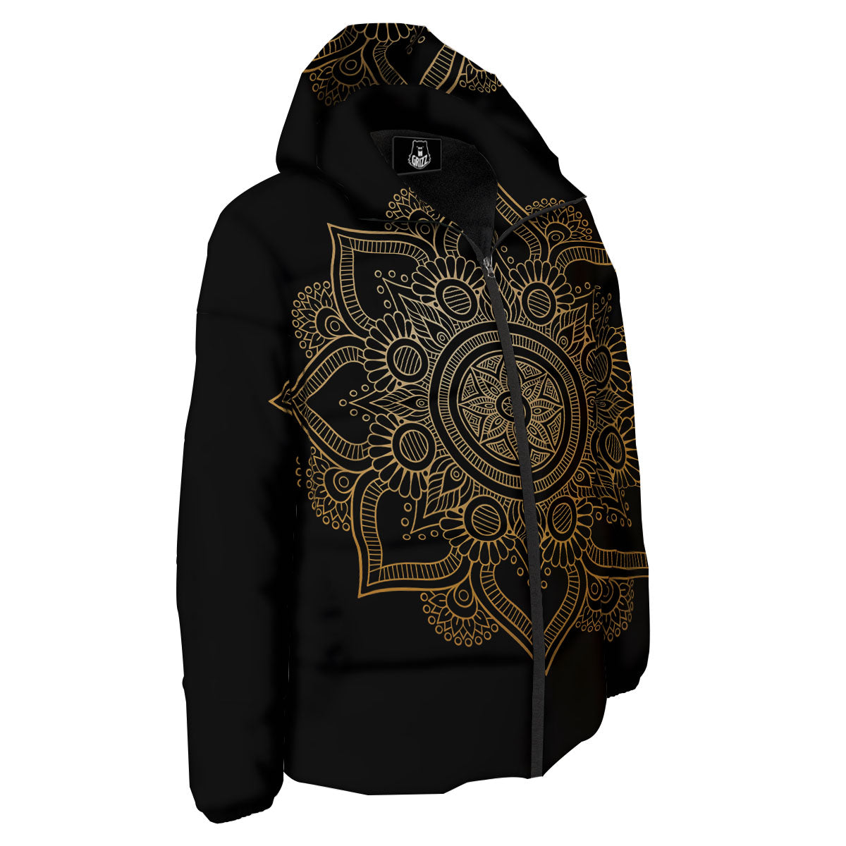 Mandala Black And Gold Print Down Jacket-grizzshop