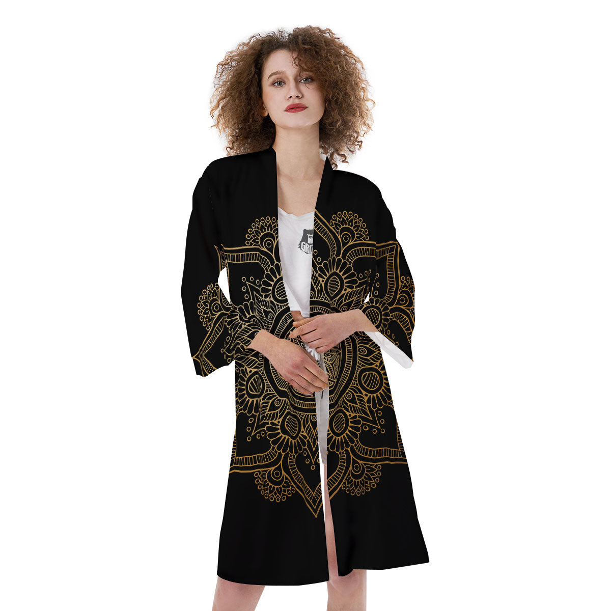 Mandala Black And Gold Print Kimono-grizzshop