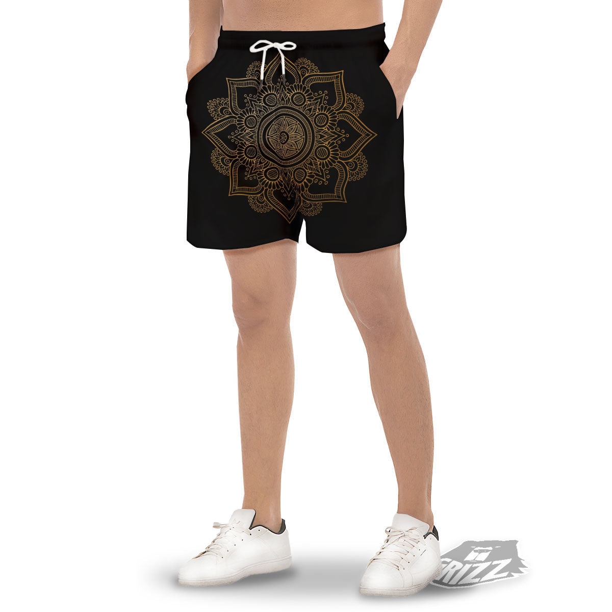 Mandala Black And Gold Print Men's Gym Shorts-grizzshop