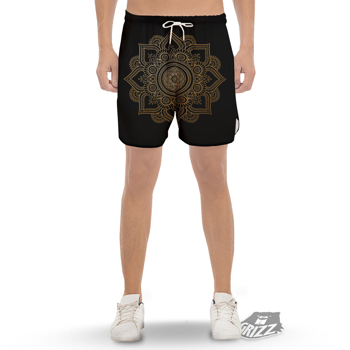 Mandala Black And Gold Print Men's Gym Shorts-grizzshop