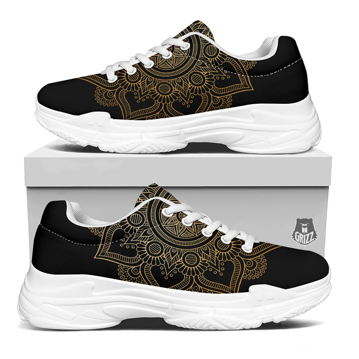 Mandala Black And Gold Print White Chunky Shoes-grizzshop
