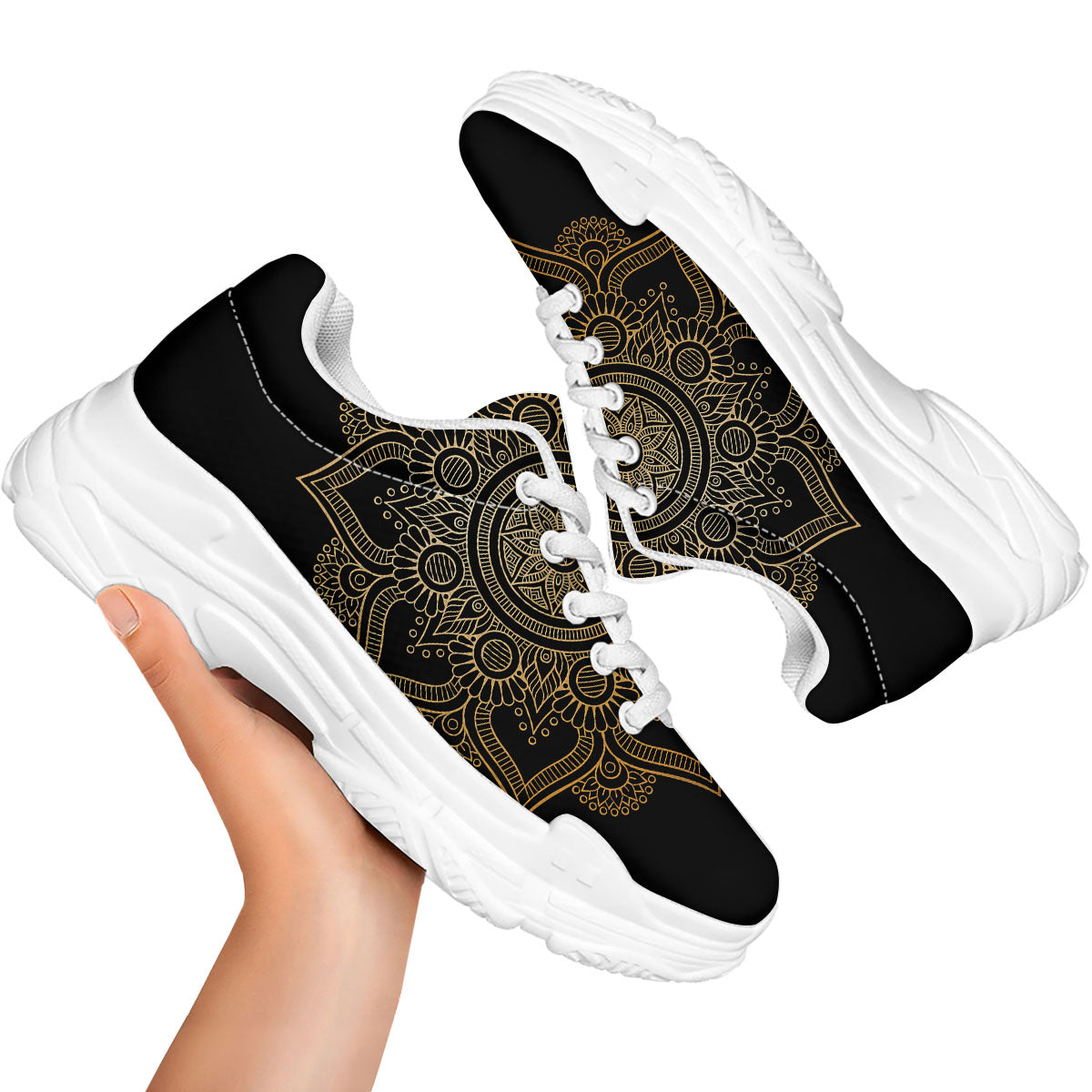 Mandala Black And Gold Print White Chunky Shoes-grizzshop