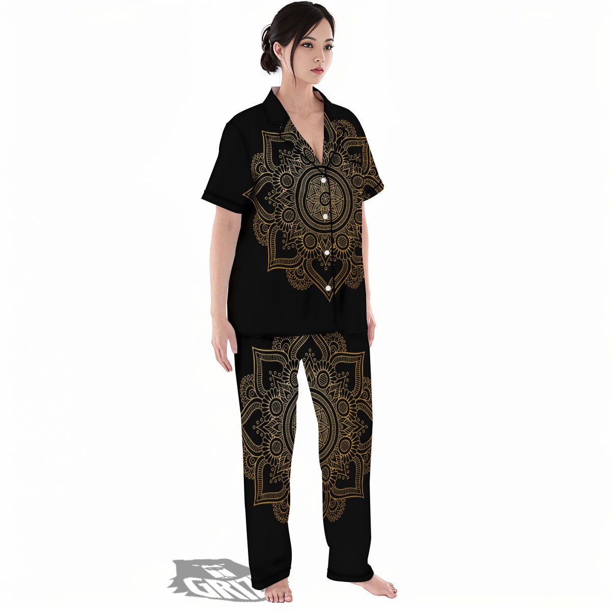 Mandala Black And Gold Print Women's Pajamas Set-grizzshop