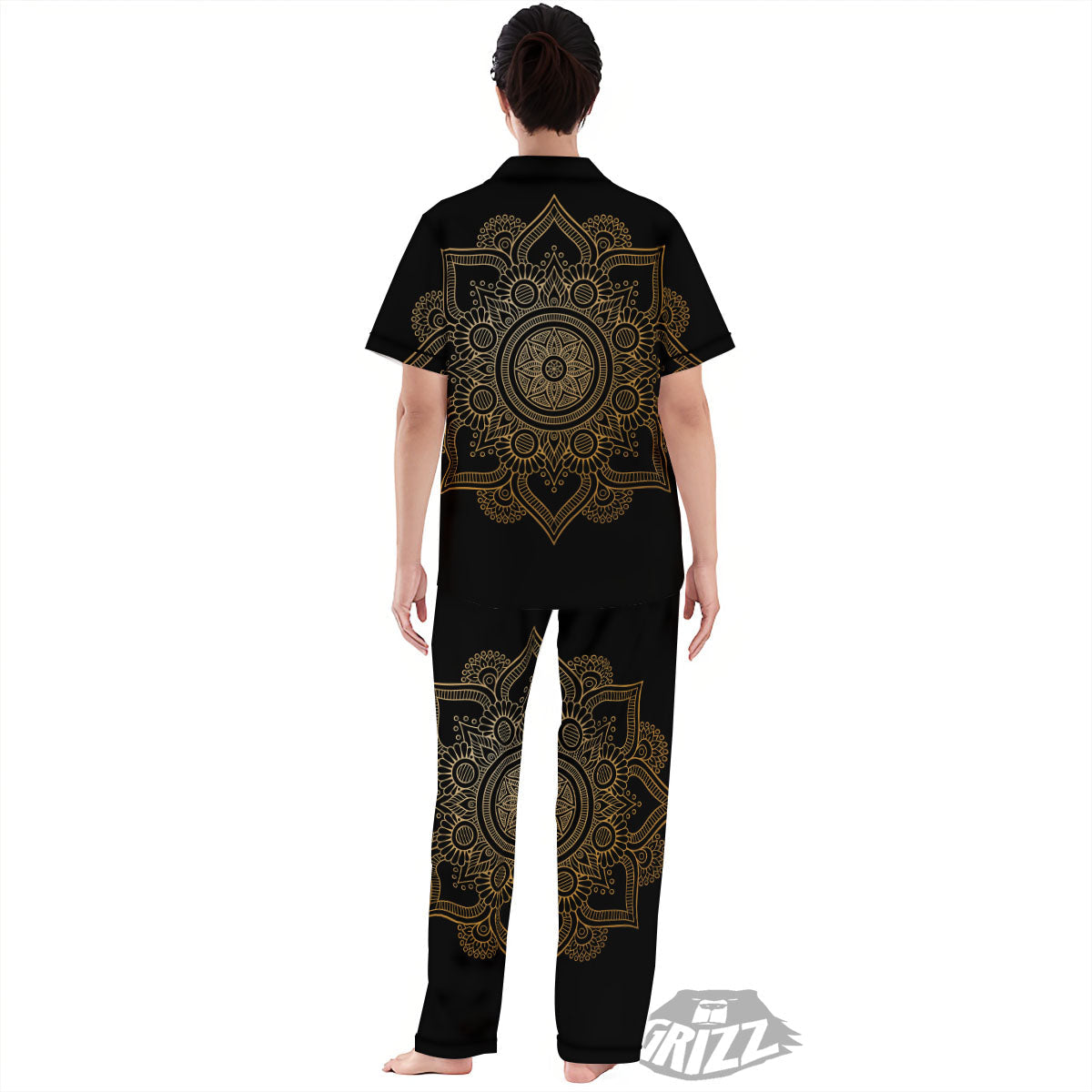 Mandala Black And Gold Print Women's Pajamas Set-grizzshop