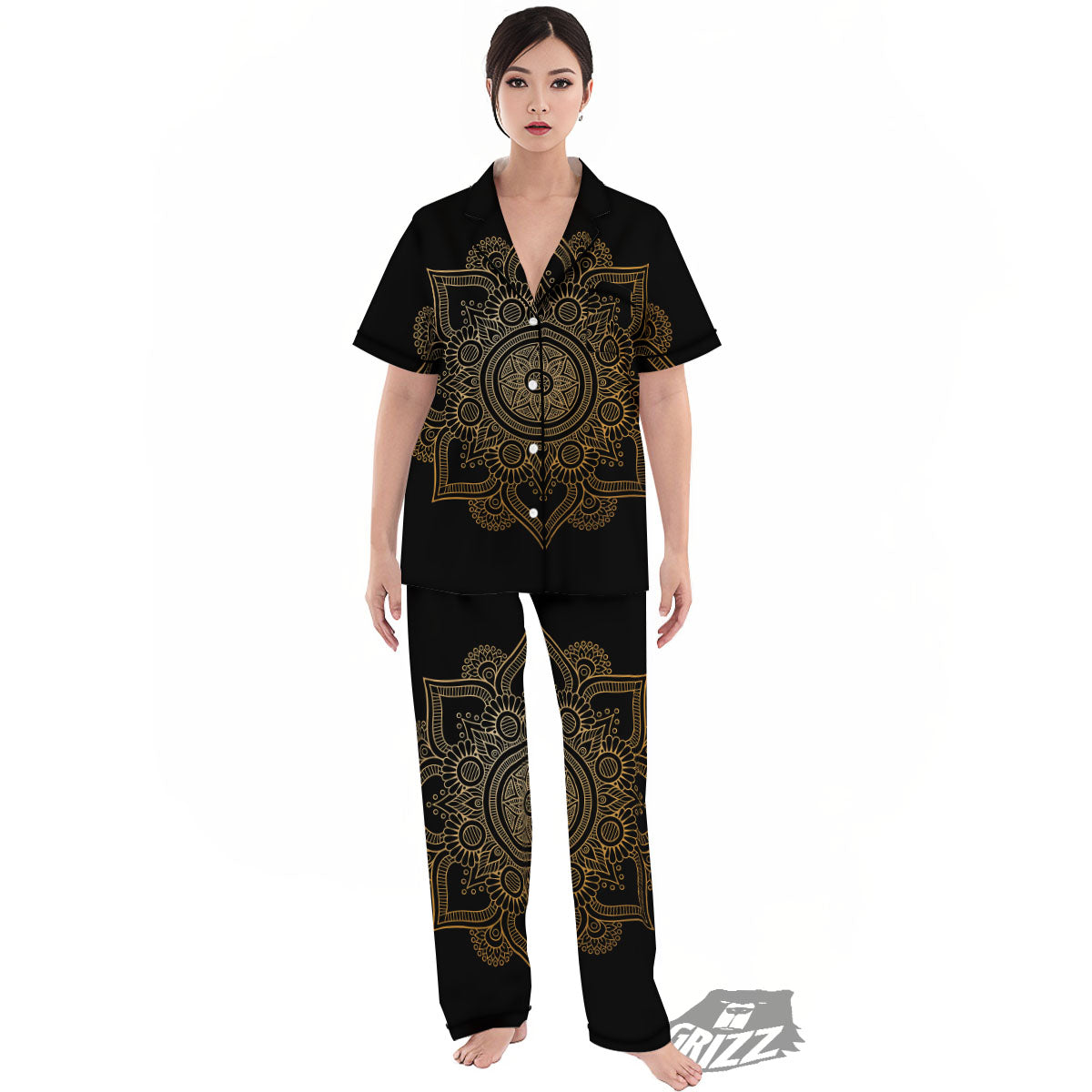 Mandala Black And Gold Print Women's Pajamas Set-grizzshop