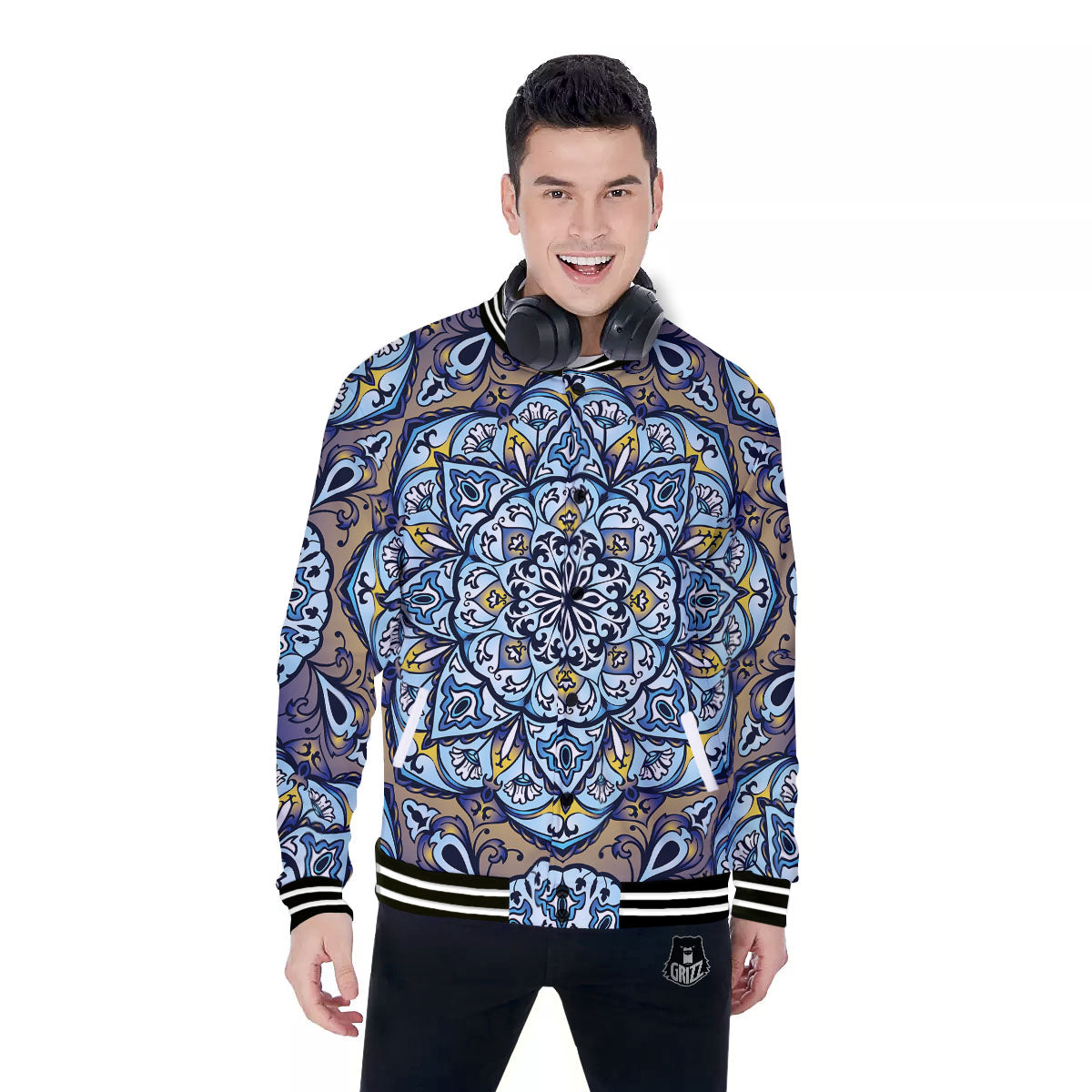 Mandala Blue And Purple Print Baseball Jacket-grizzshop