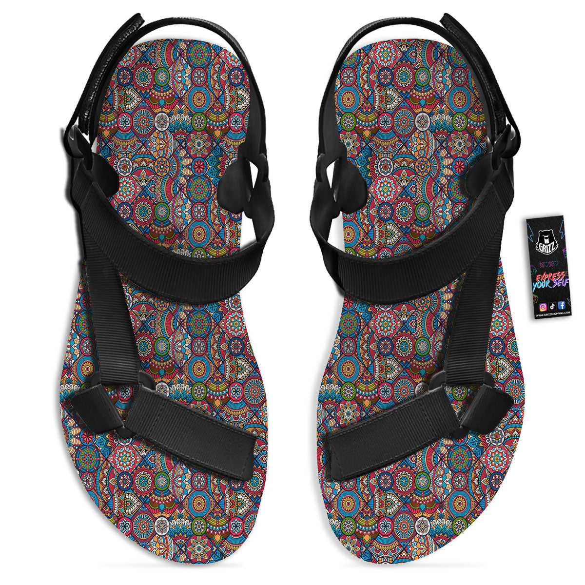 Mandala Bohemian Colorful Print Pattern Black Open Toe Sandals-grizzshop
