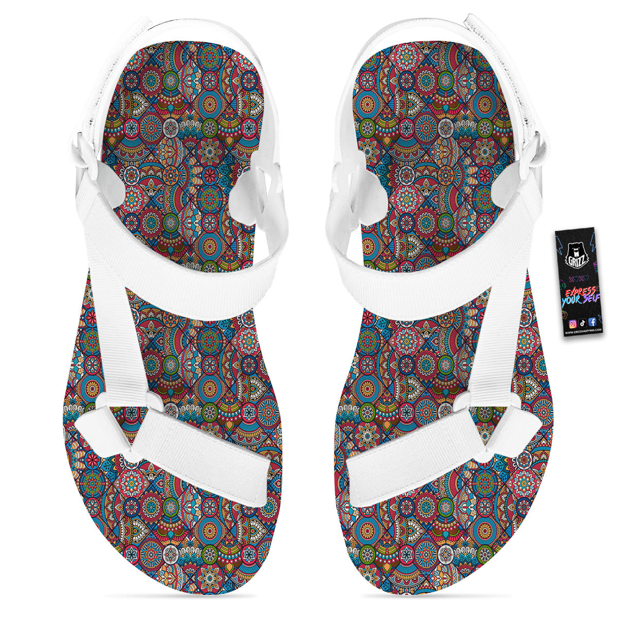 Mandala Bohemian Colorful Print Pattern White Open Toe Sandals-grizzshop