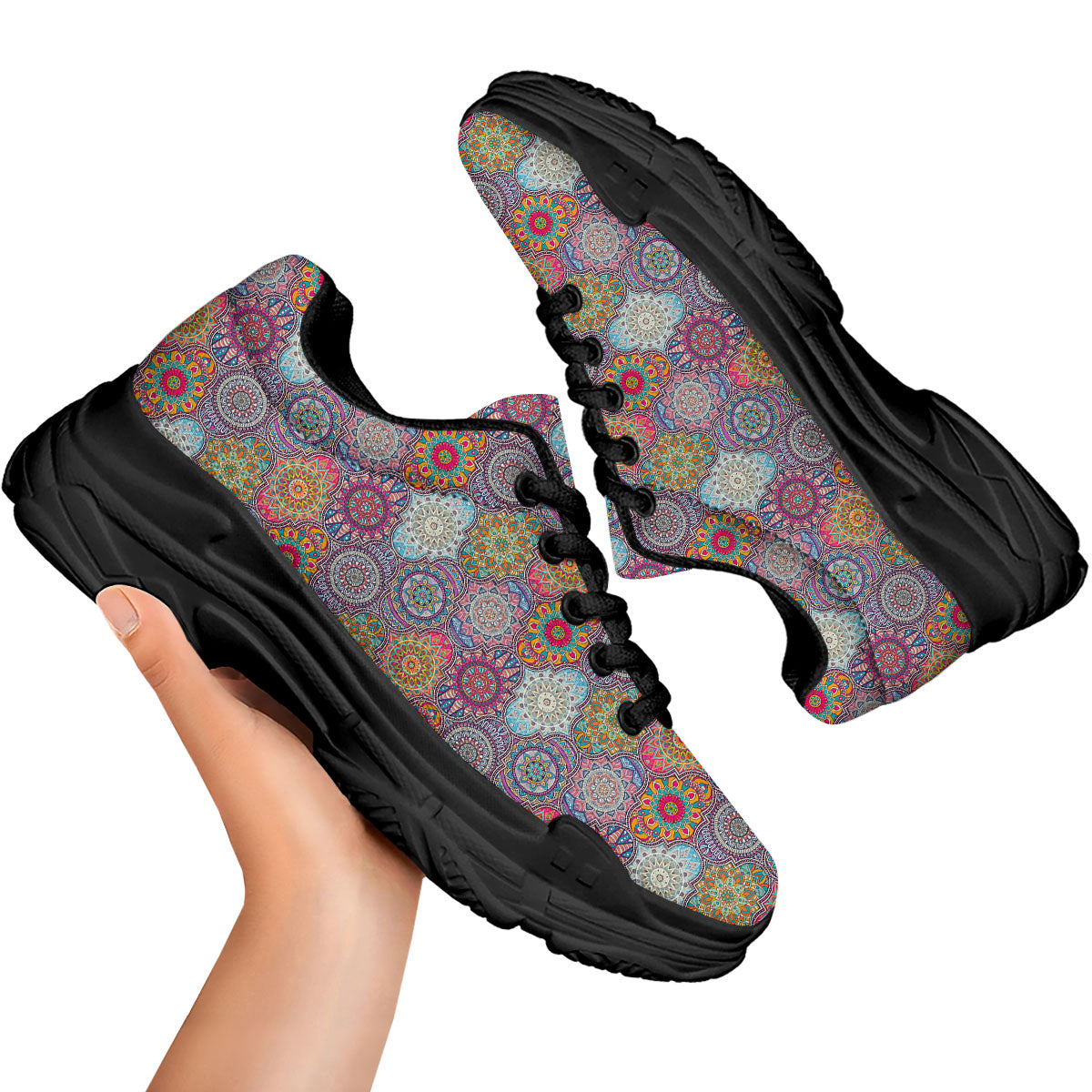 Mandala Bohemian Indian Print Pattern Black Chunky Shoes-grizzshop