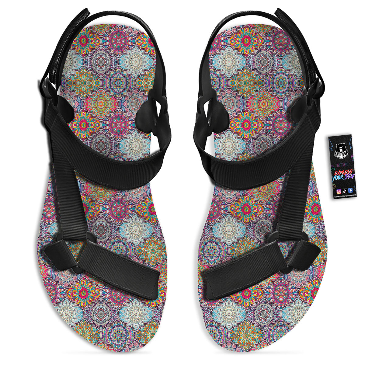 Mandala Bohemian Indian Print Pattern Black Open Toe Sandals-grizzshop