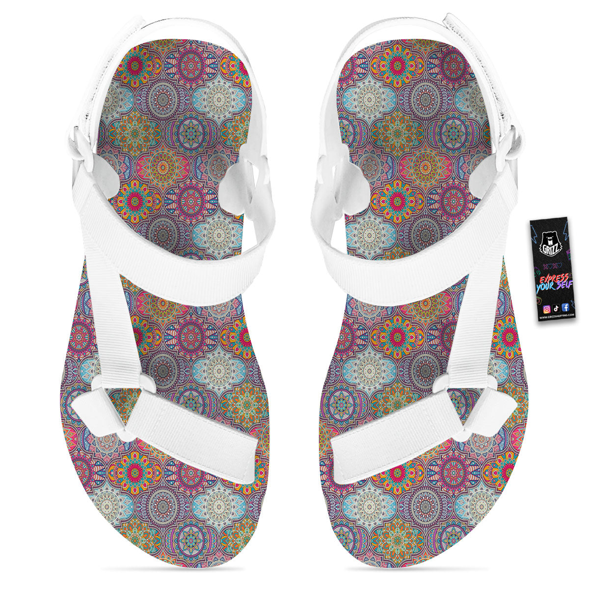 Mandala Bohemian Indian Print Pattern White Open Toe Sandals-grizzshop