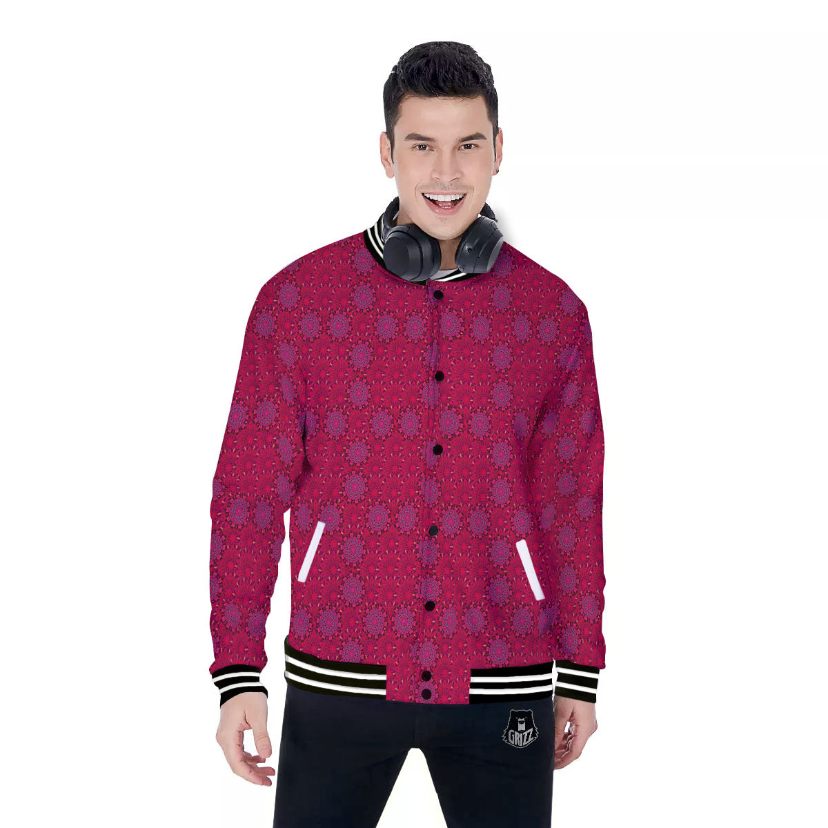 Mandala Bohemian Magenta Print Pattern Baseball Jacket-grizzshop