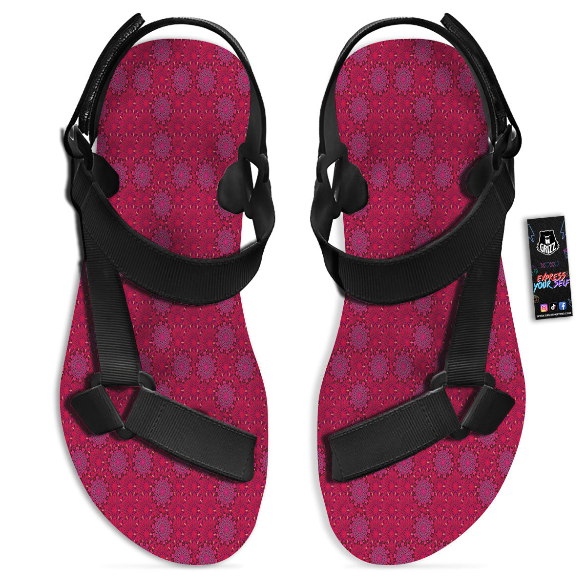 Mandala Bohemian Magenta Print Pattern Black Open Toe Sandals-grizzshop