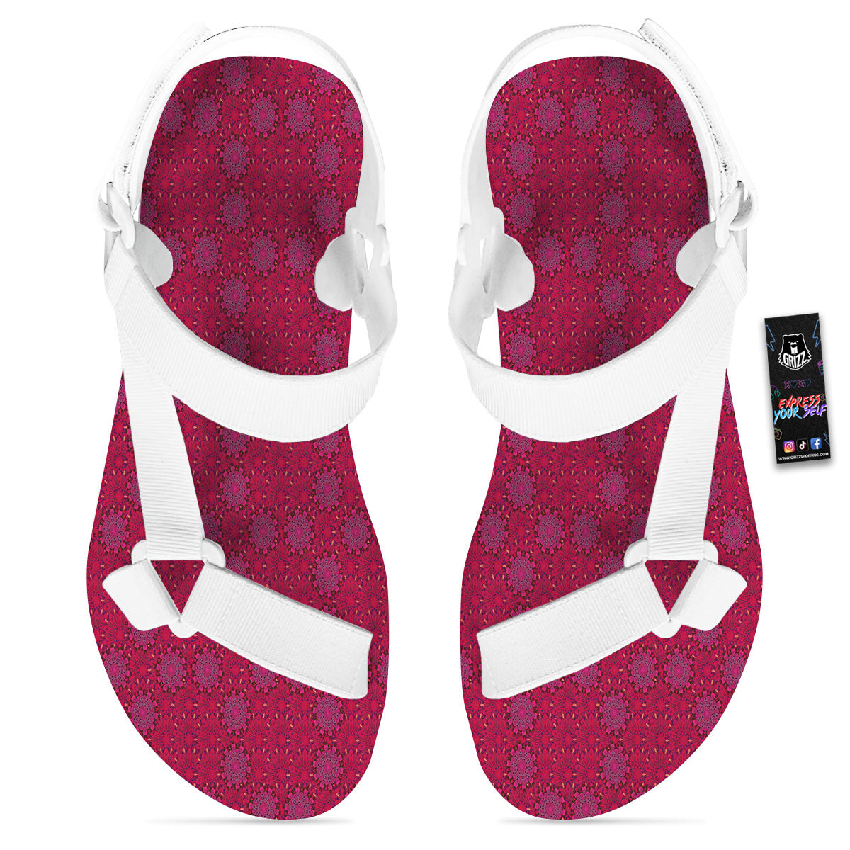 Mandala Bohemian Magenta Print Pattern White Open Toe Sandals-grizzshop