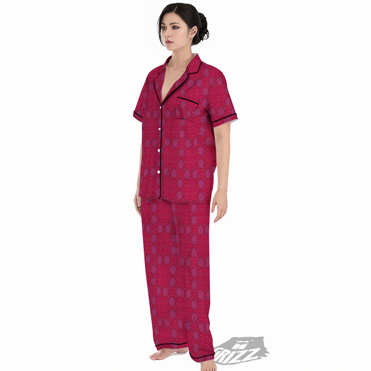 Mandala Bohemian Magenta Print Pattern Women's Pajamas Set-grizzshop