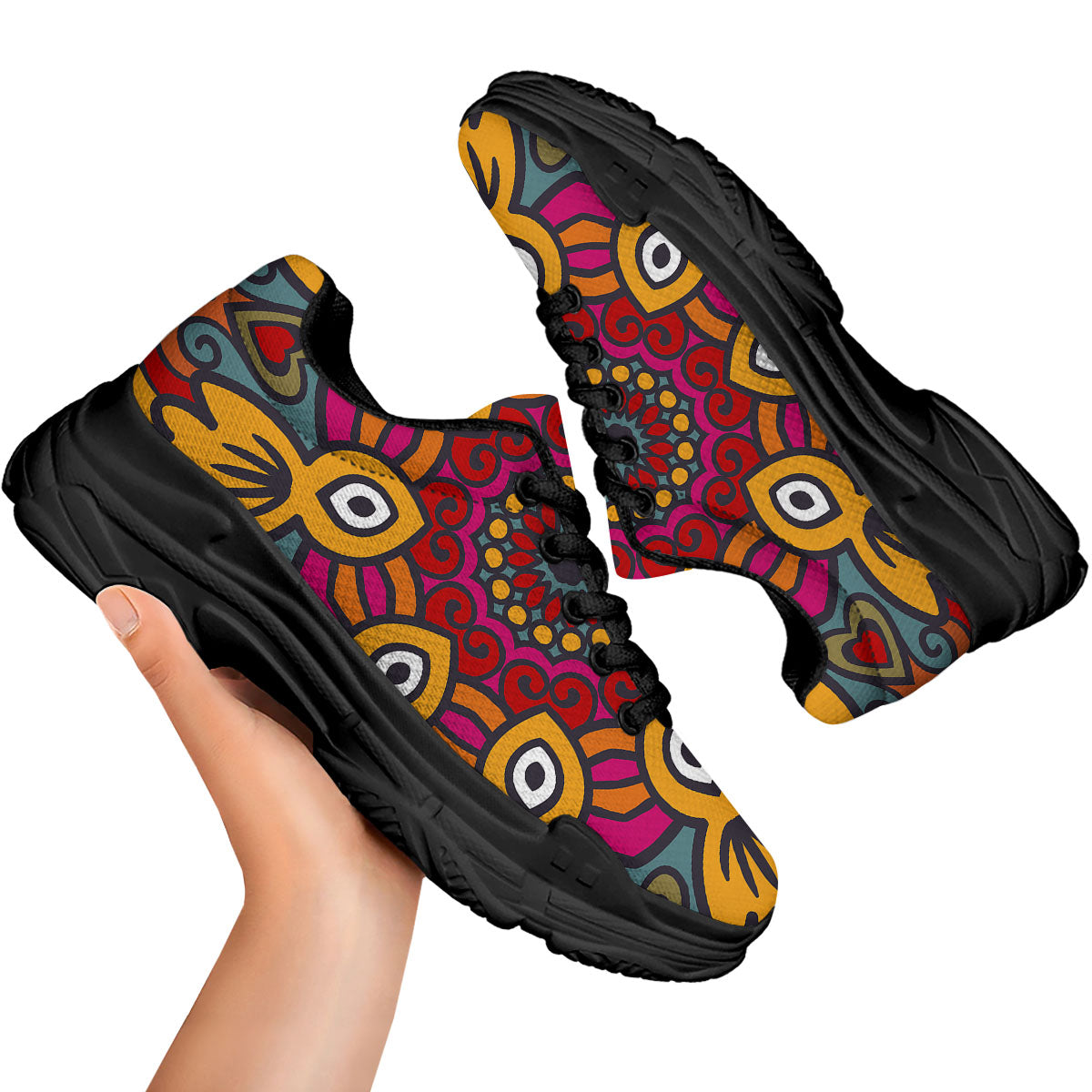 Mandala Bohemian Native Print Pattern Black Chunky Shoes-grizzshop