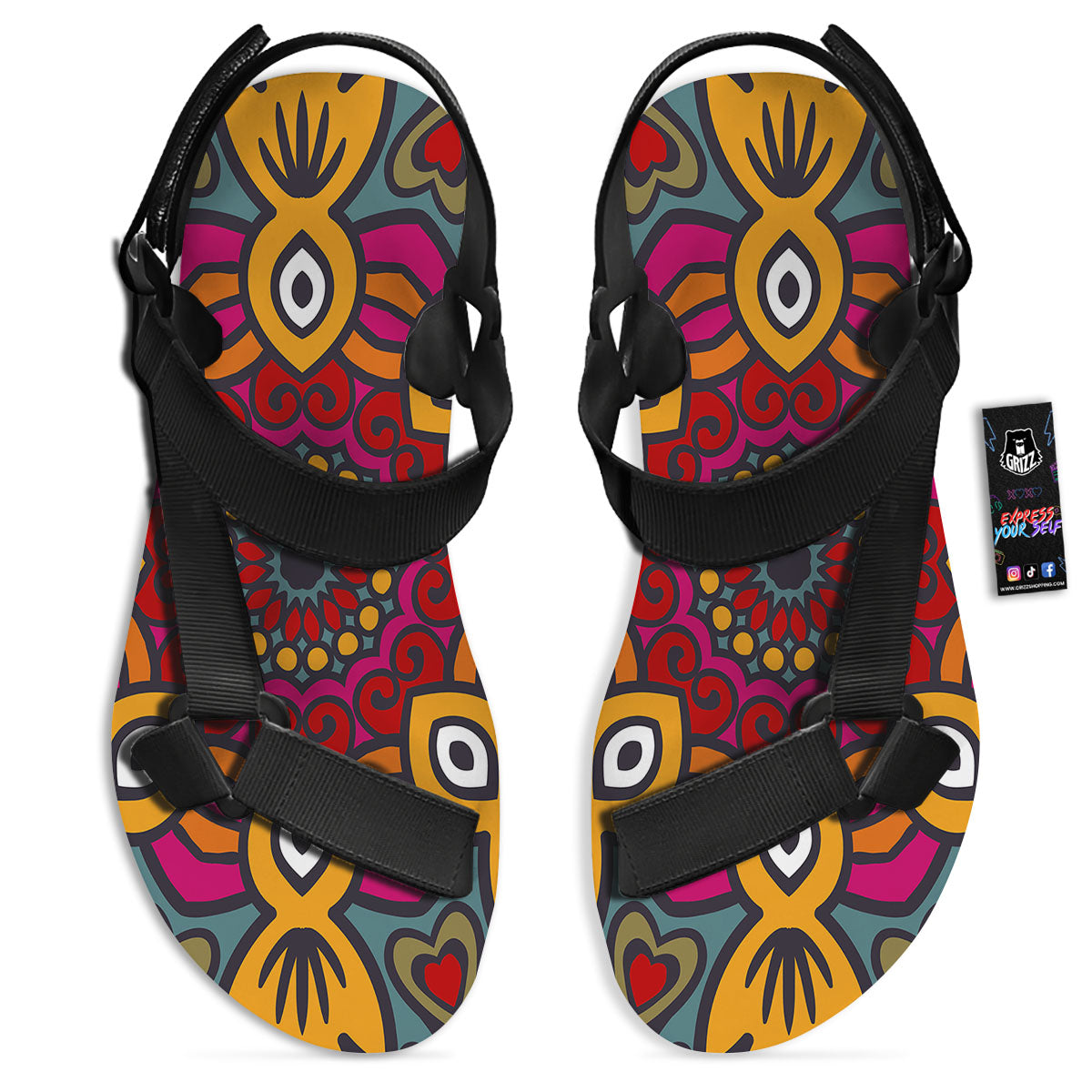 Mandala Bohemian Native Print Pattern Black Open Toe Sandals-grizzshop
