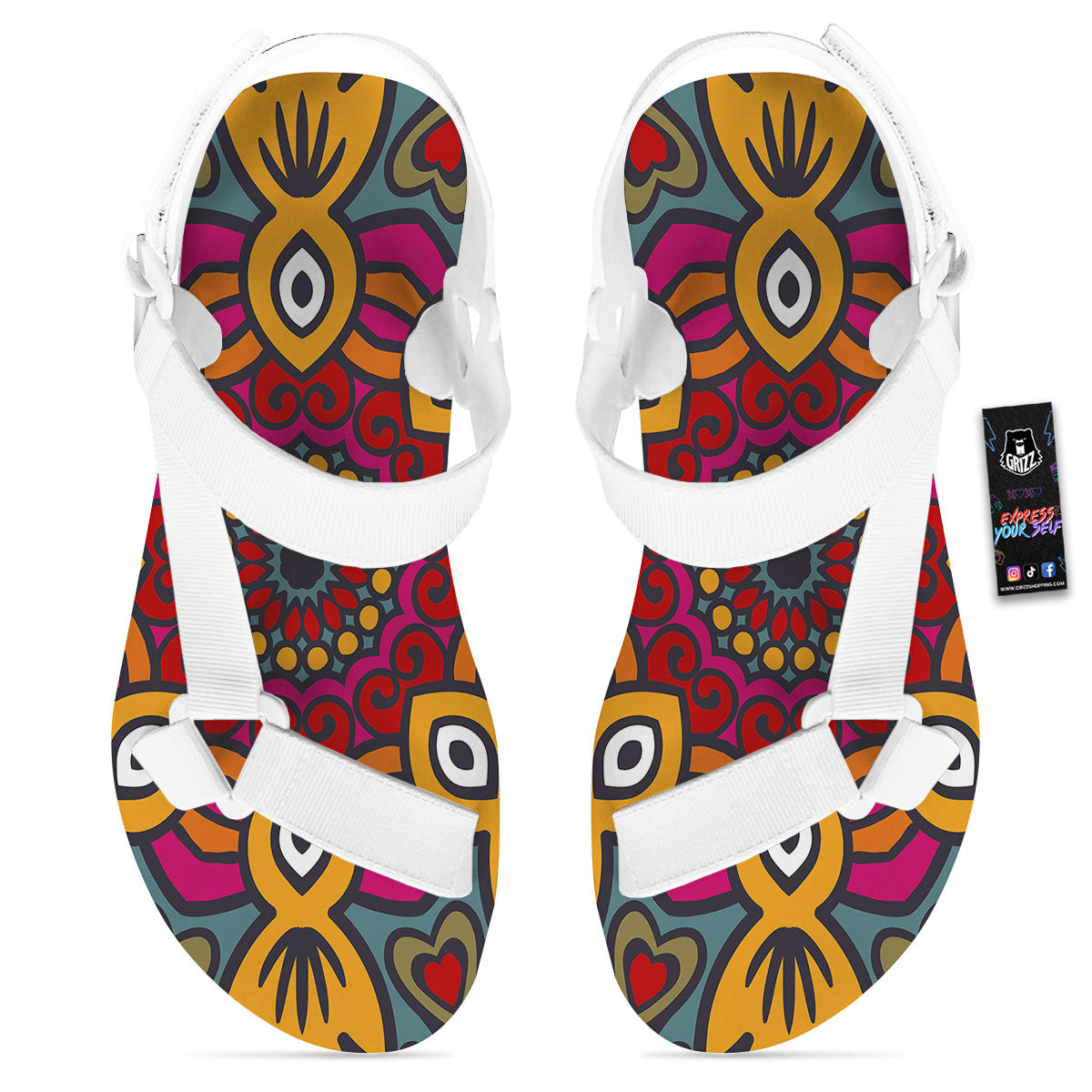 Mandala Bohemian Native Print Pattern White Open Toe Sandals-grizzshop