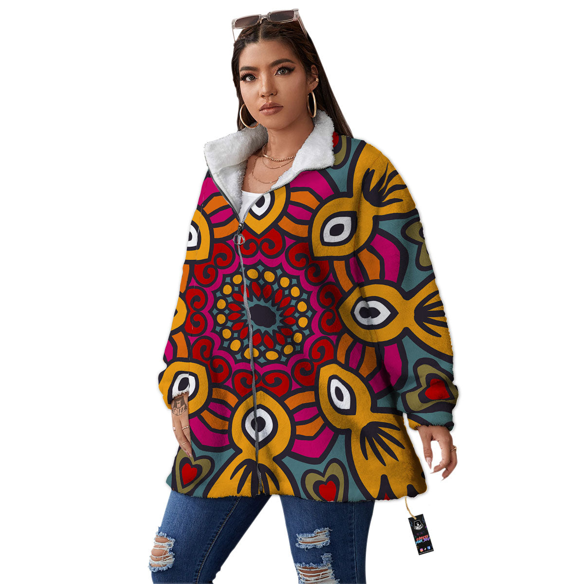 Mandala Bohemian Native Print Pattern Women's Sherpa Jacket-grizzshop