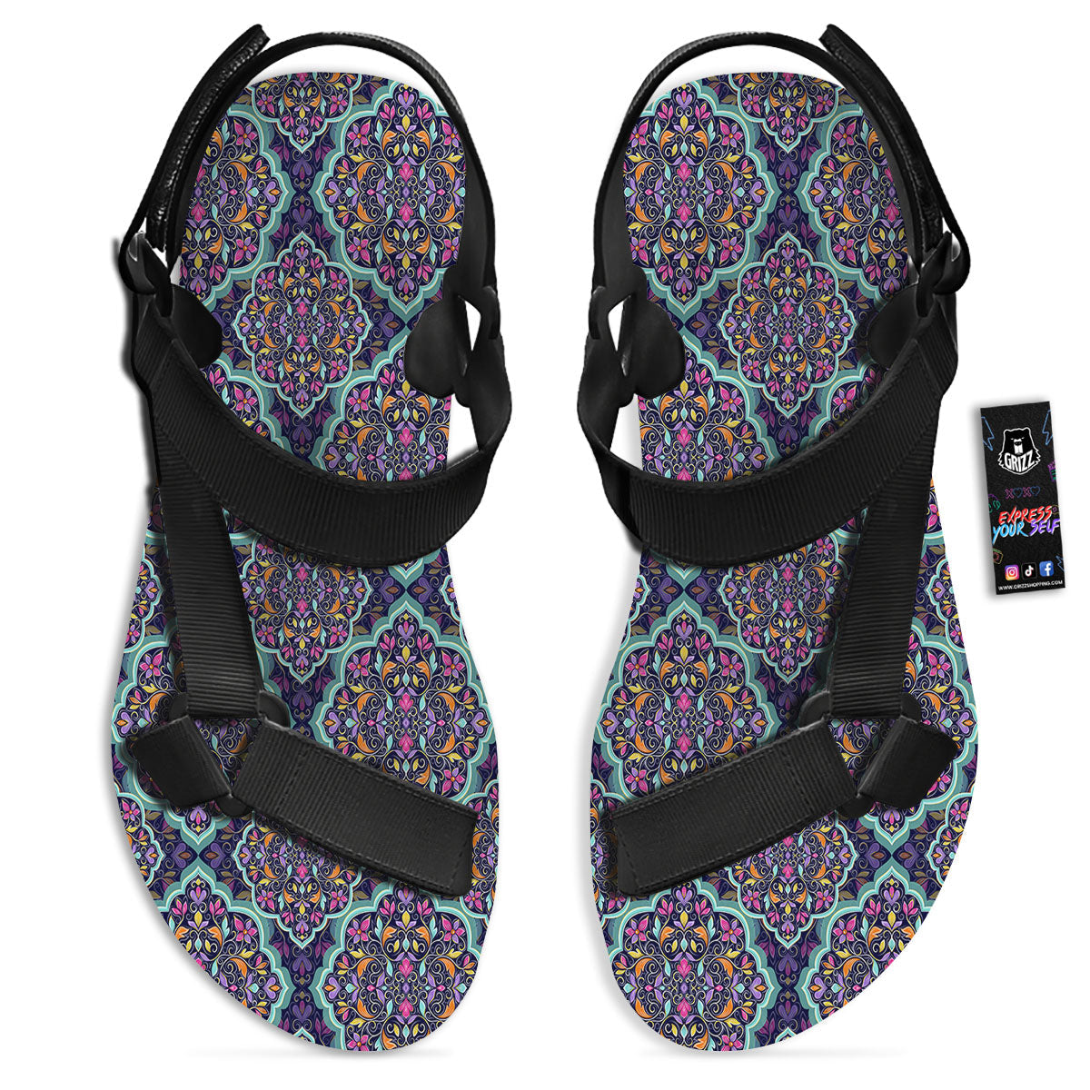 Mandala Bohemian Purple Print Pattern Black Open Toe Sandals-grizzshop