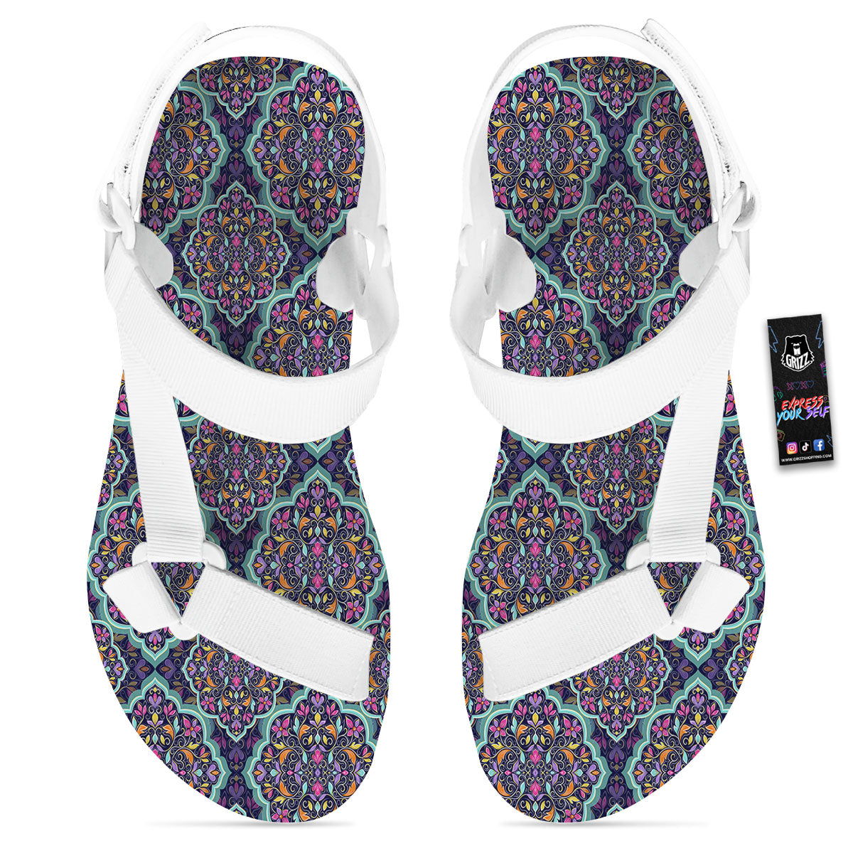 Mandala Bohemian Purple Print Pattern White Open Toe Sandals-grizzshop