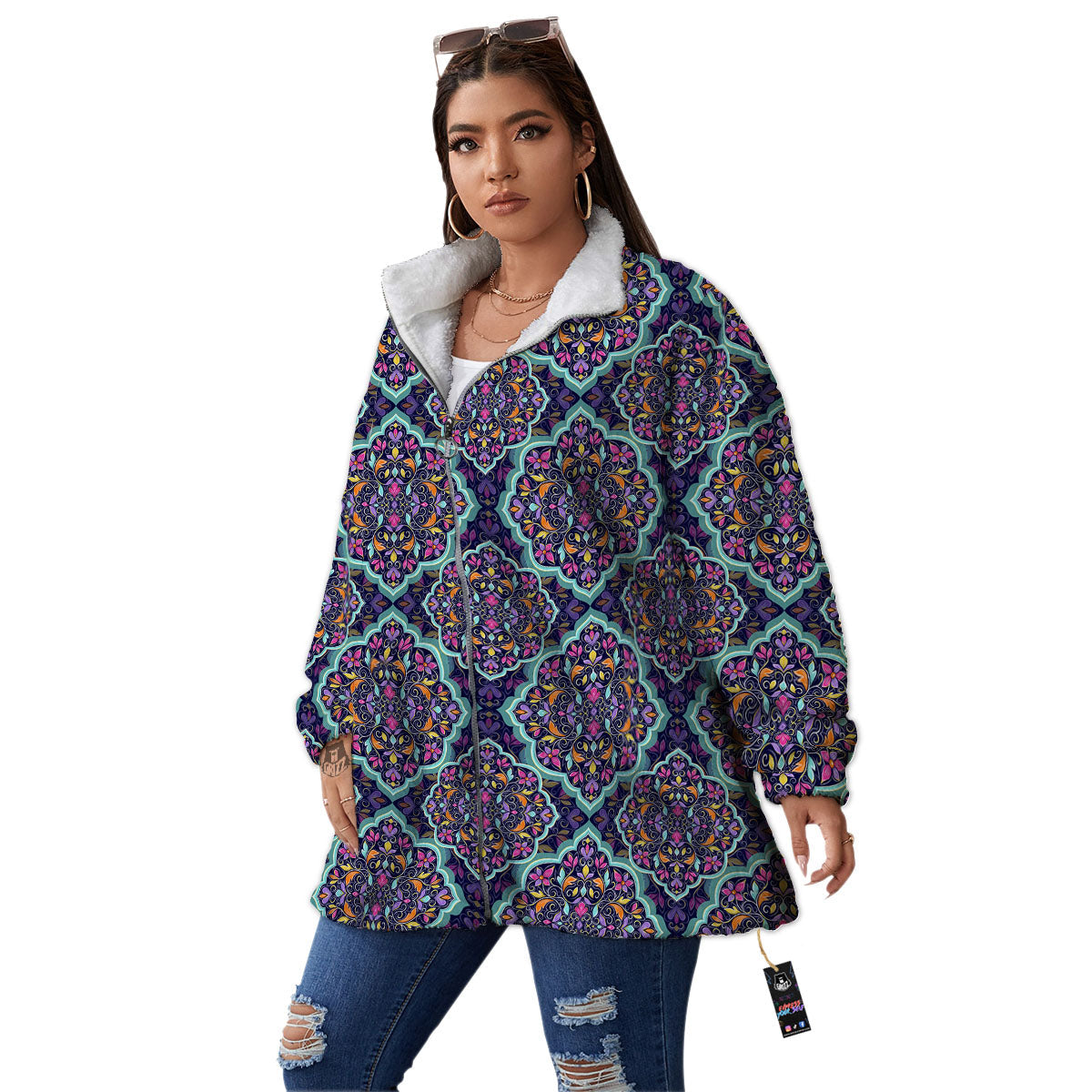 Mandala Bohemian Purple Print Pattern Women's Sherpa Jacket-grizzshop