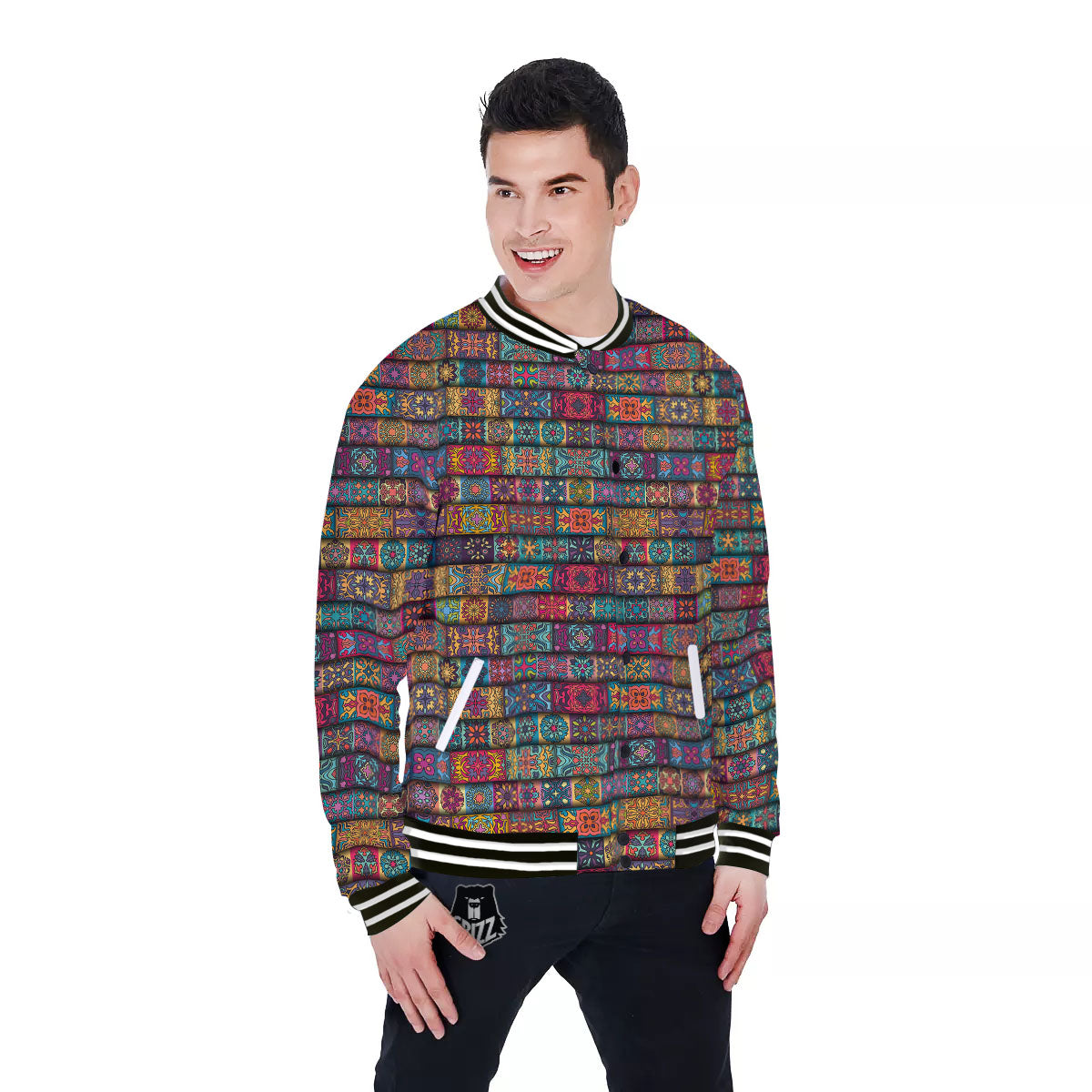 Mandala Bohemian Rectangle Print Pattern Baseball Jacket-grizzshop