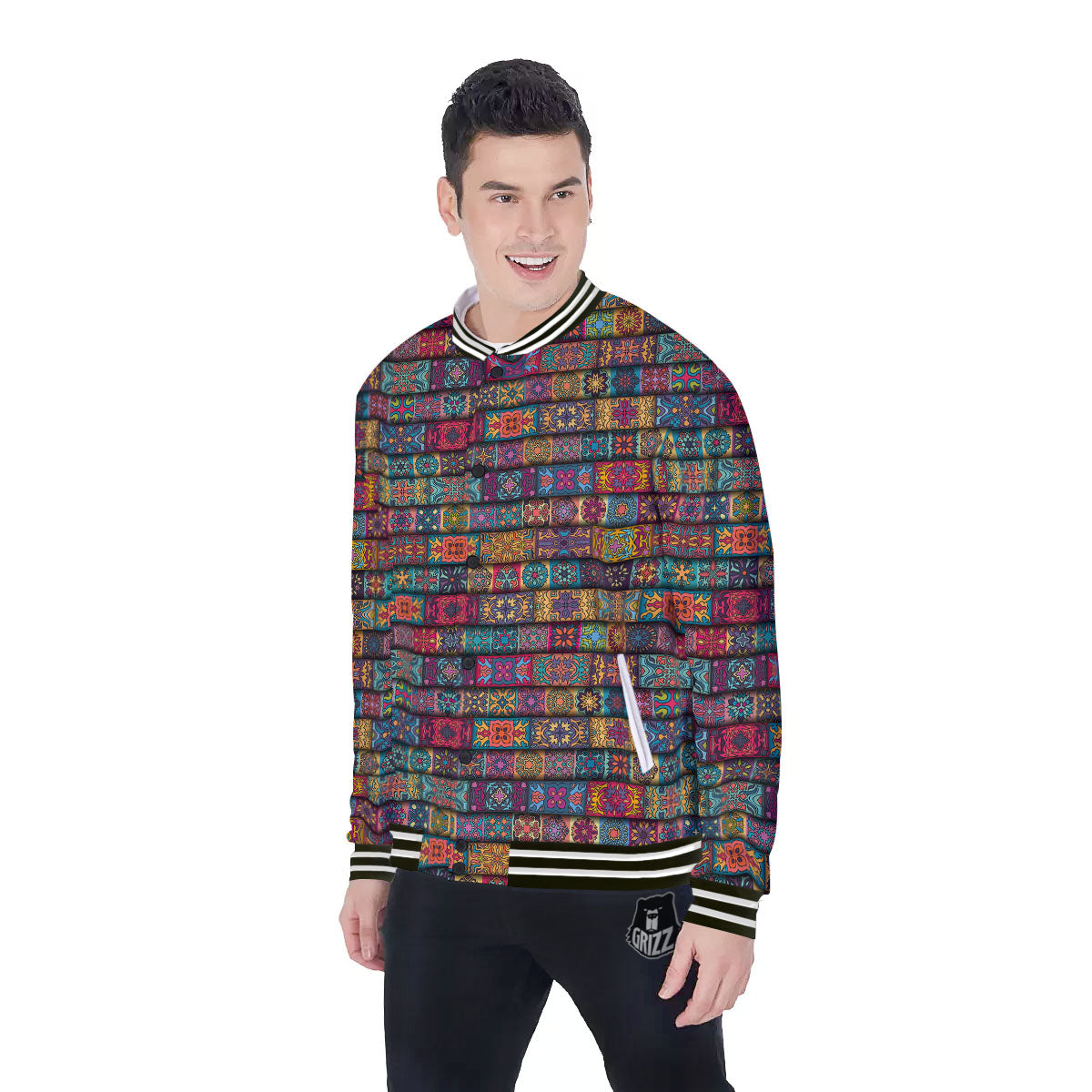 Mandala Bohemian Rectangle Print Pattern Baseball Jacket-grizzshop