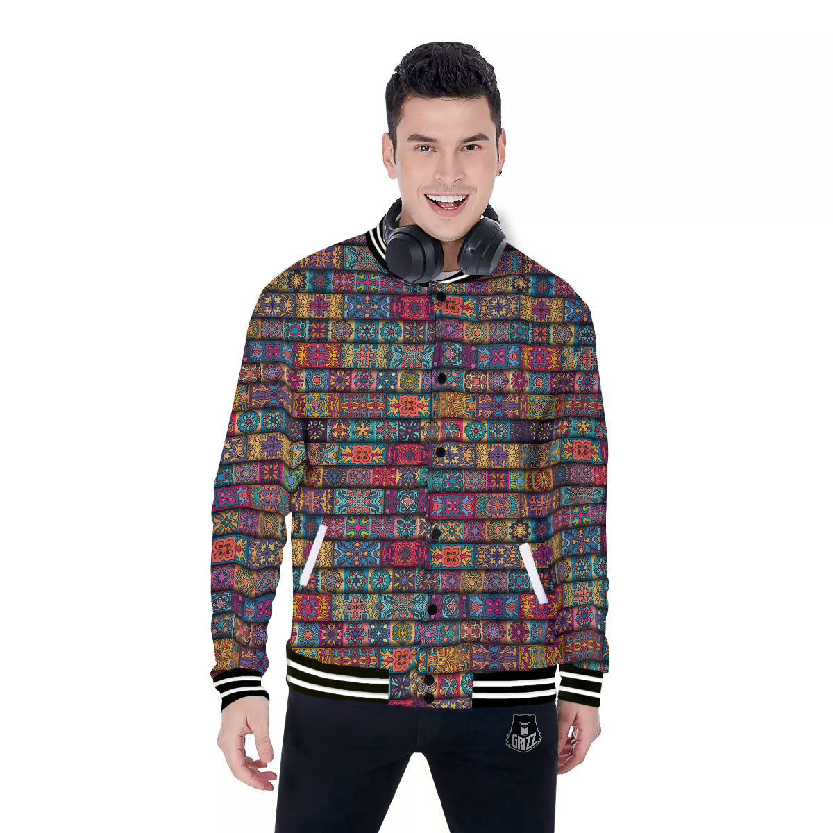 Mandala Bohemian Rectangle Print Pattern Baseball Jacket-grizzshop