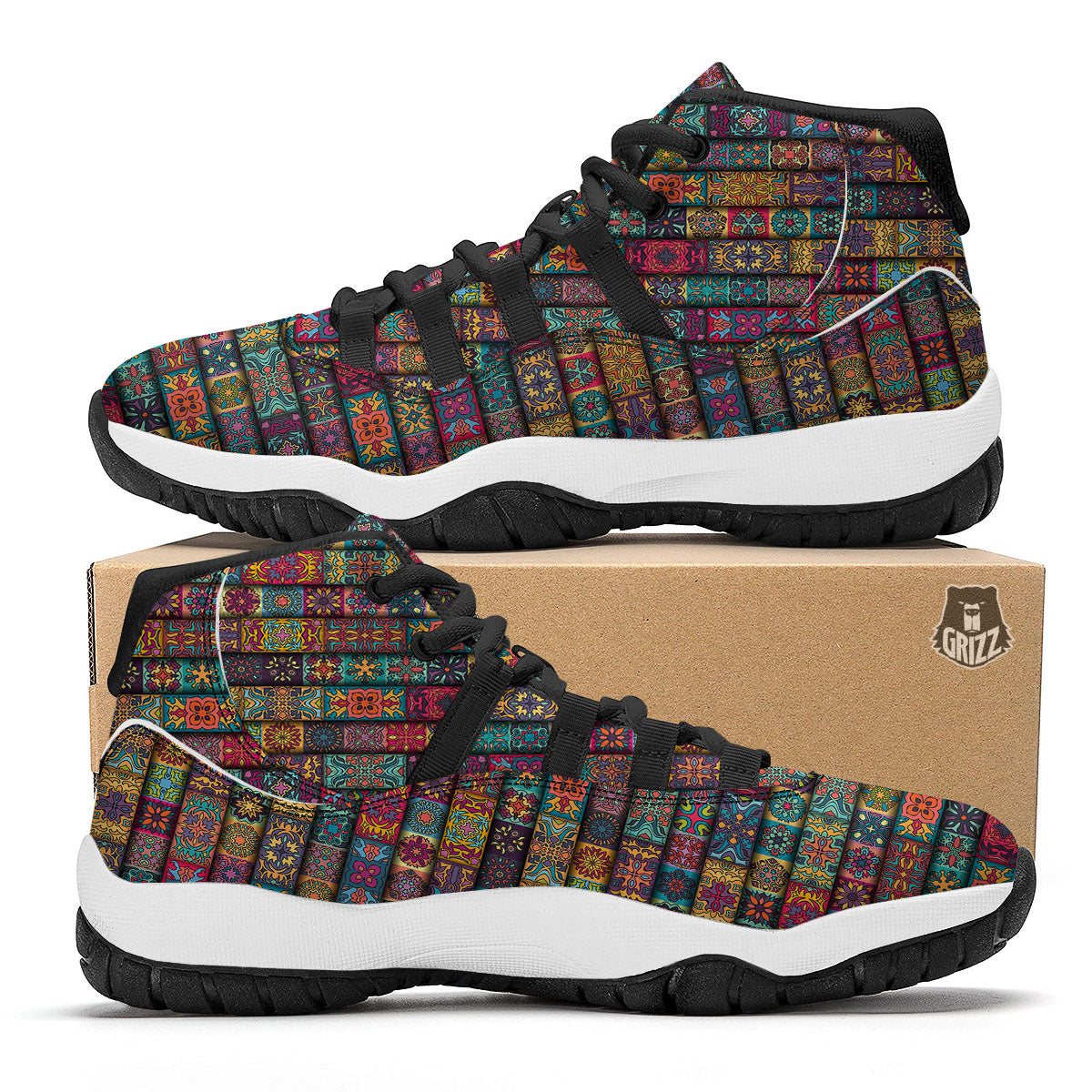 Mandala Bohemian Rectangle Print Pattern Black Bball Shoes-grizzshop