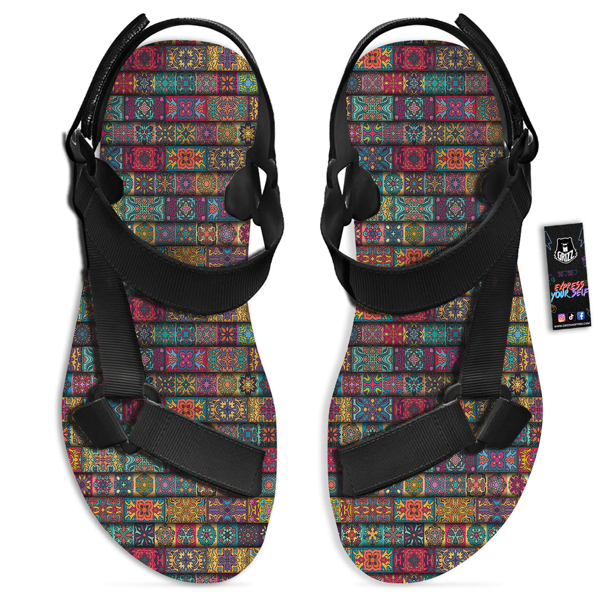 Mandala Bohemian Rectangle Print Pattern Black Open Toe Sandals-grizzshop