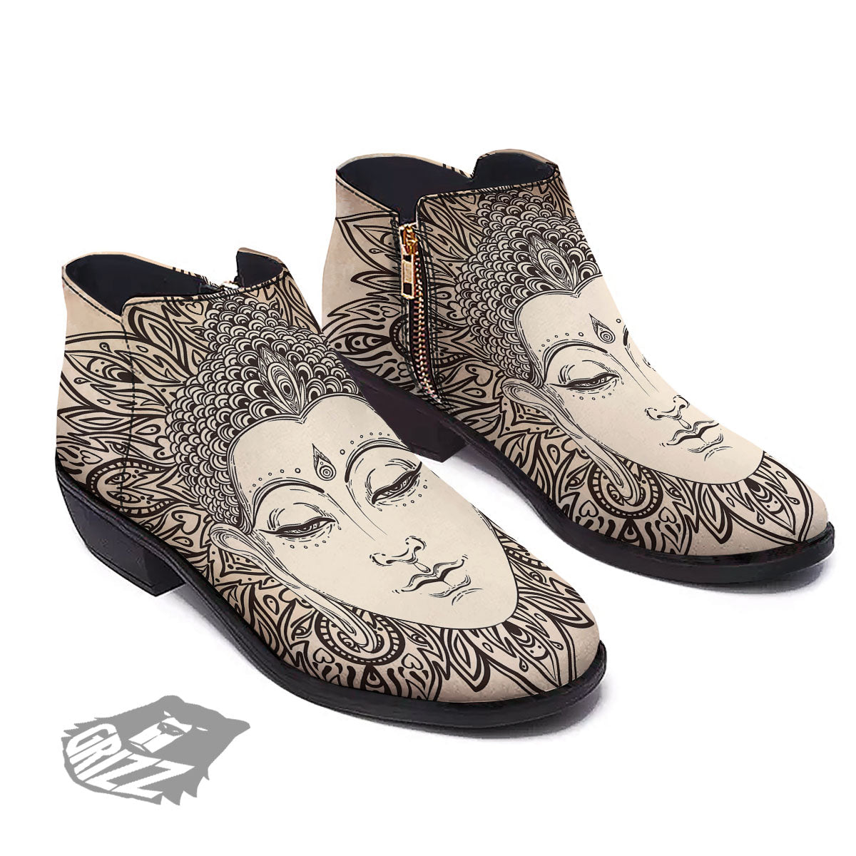 Mandala Buddha Beige Print Ankle Boots-grizzshop
