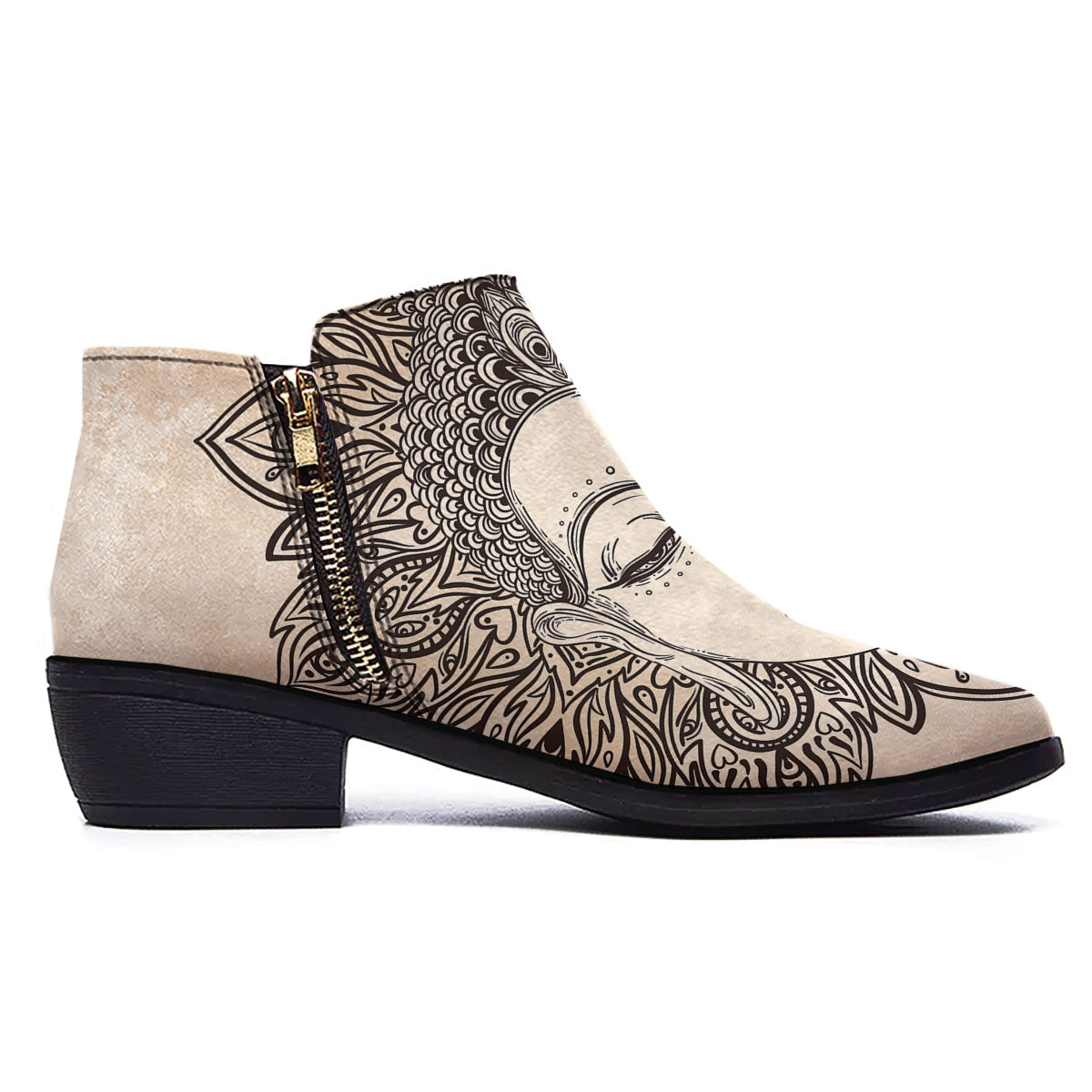 Mandala Buddha Beige Print Ankle Boots-grizzshop