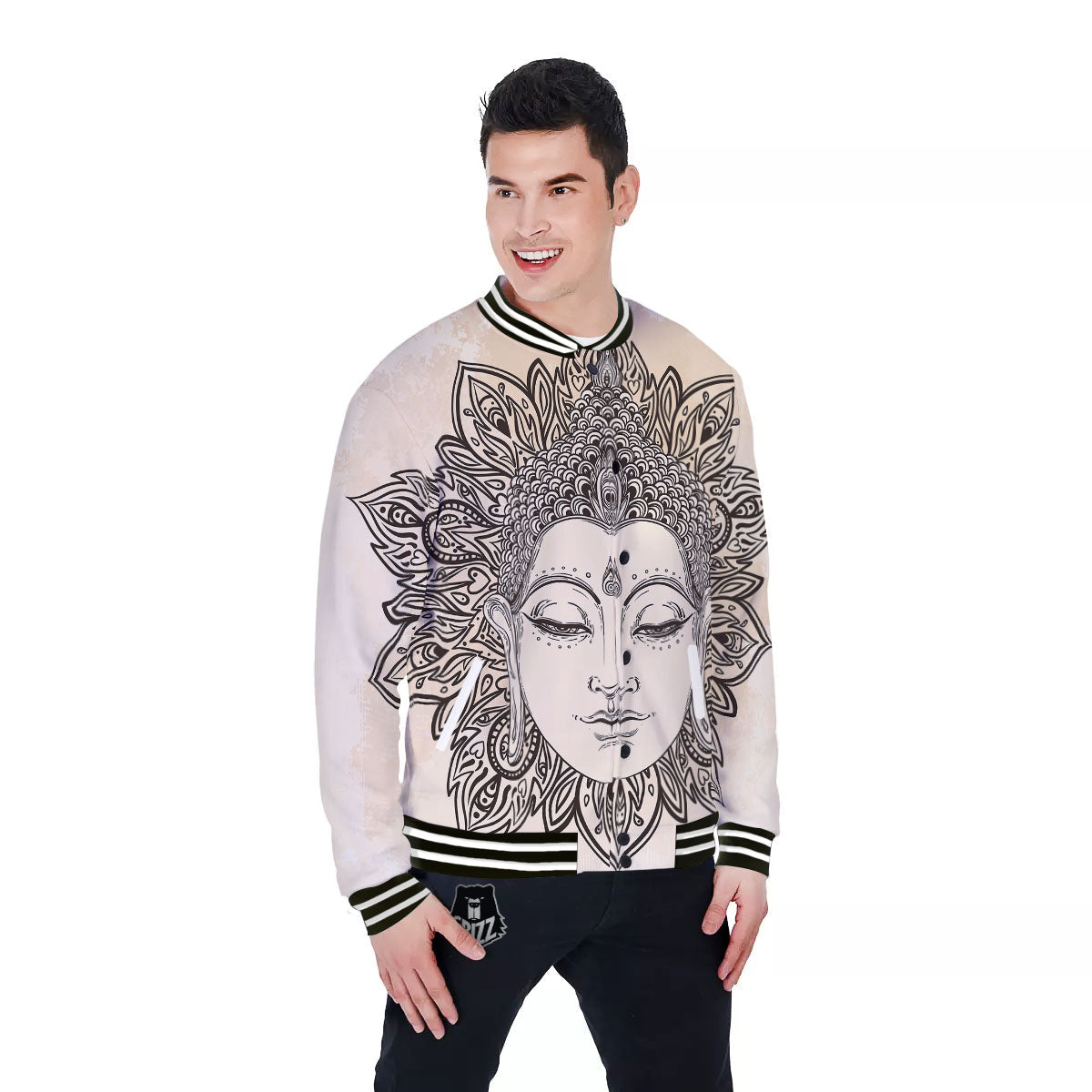 Mandala Buddha Beige Print Baseball Jacket-grizzshop