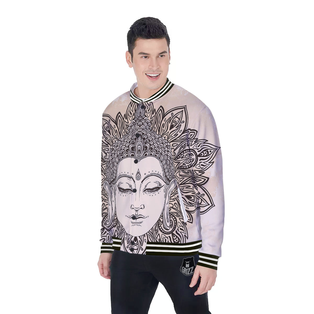 Mandala Buddha Beige Print Baseball Jacket-grizzshop