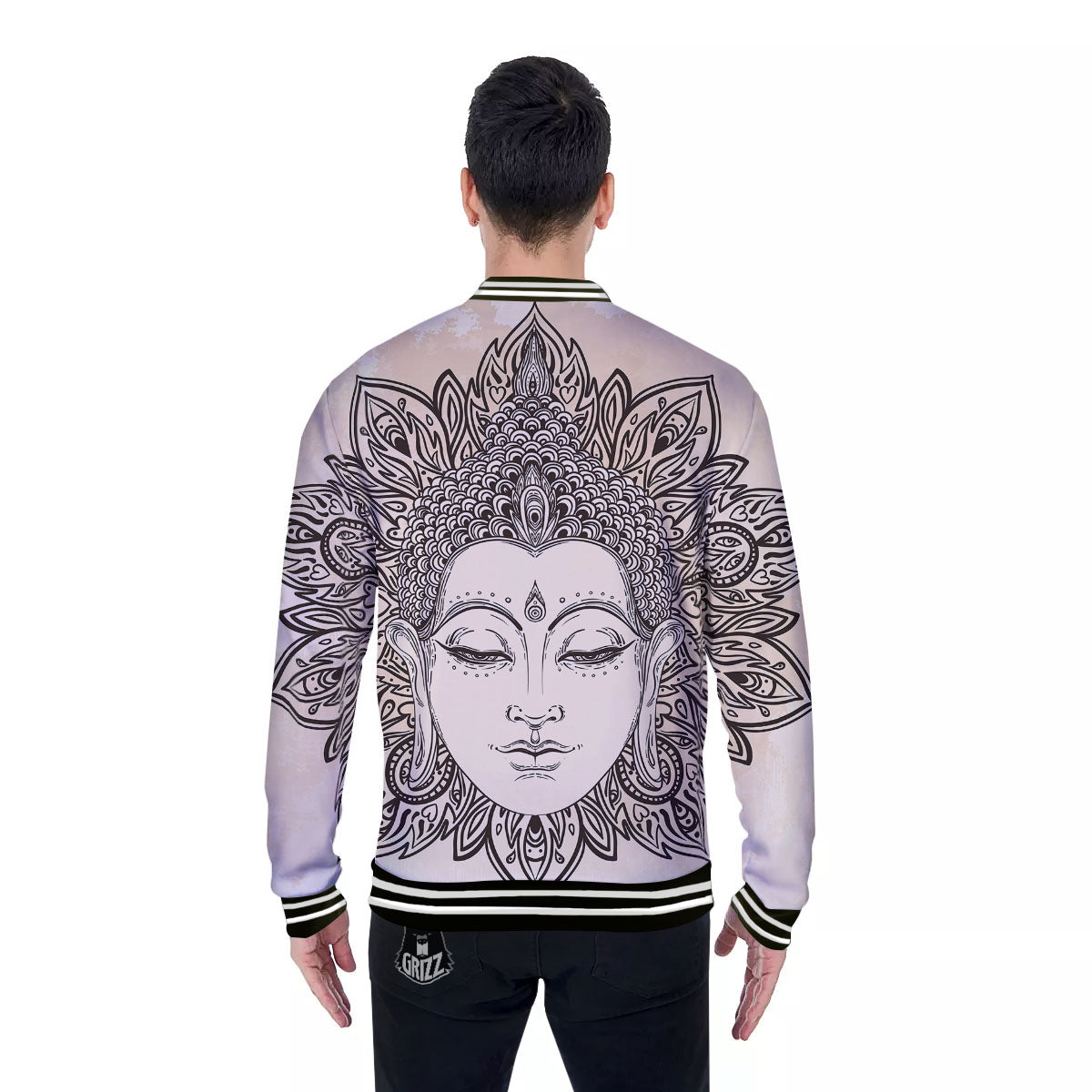 Mandala Buddha Beige Print Baseball Jacket-grizzshop
