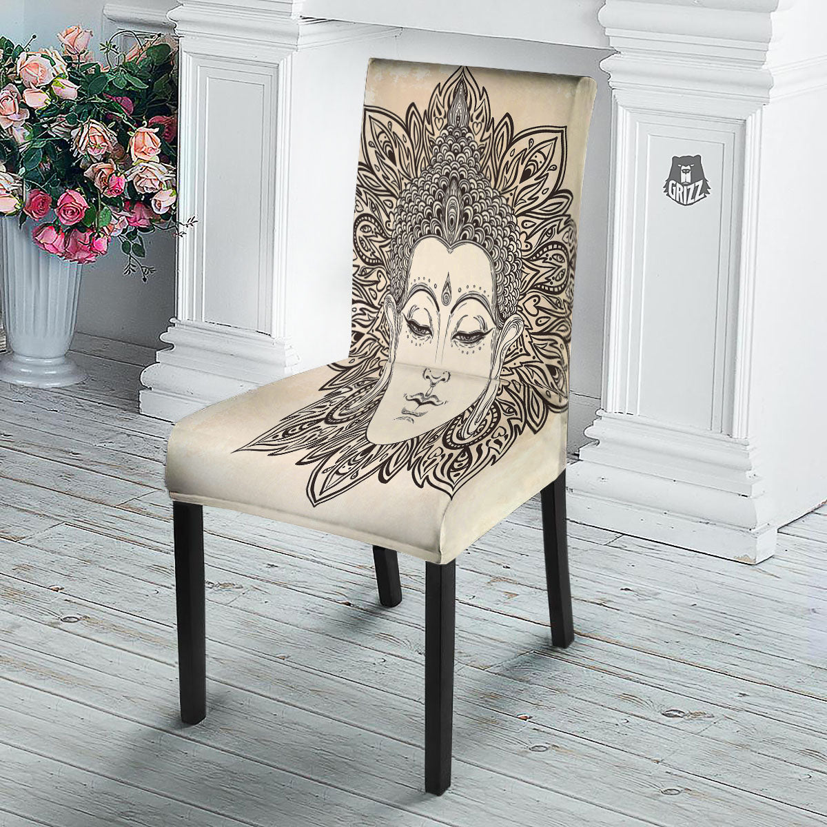 Mandala Buddha Beige Print Dining Chair Slipcover-grizzshop