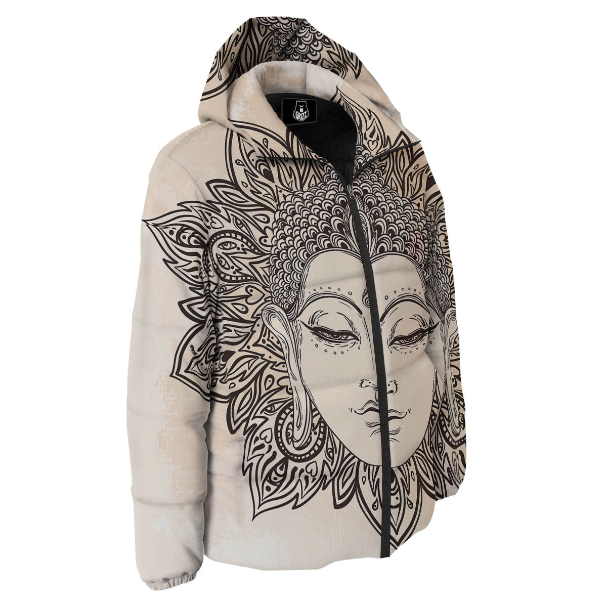 Mandala Buddha Beige Print Down Jacket-grizzshop