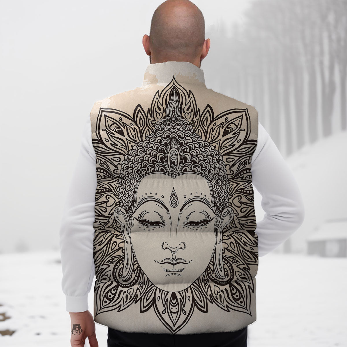 Mandala Buddha Beige Print Down Vest